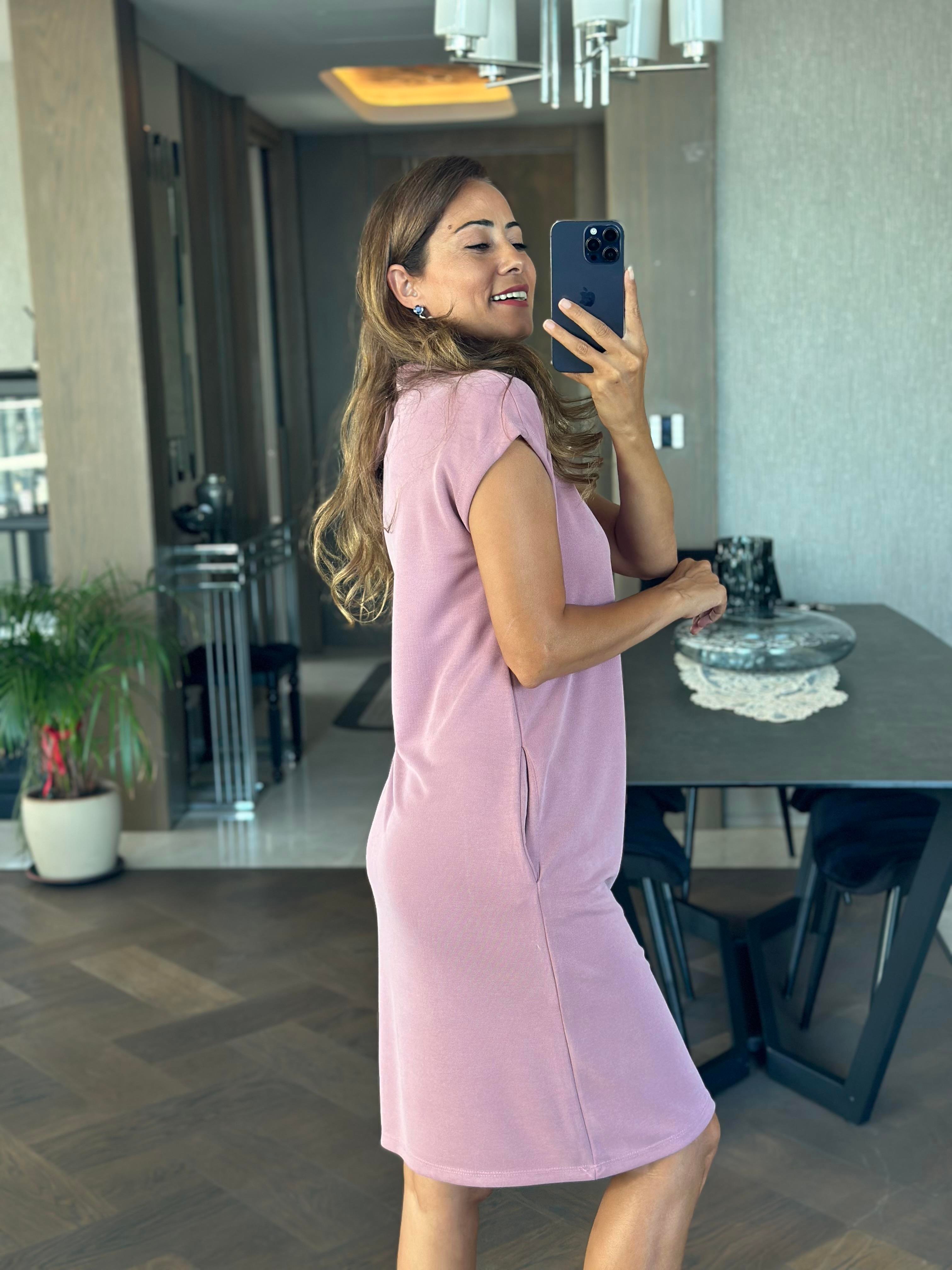 Gül Kurusu Oysh Polo Yaka Sıfır Kol Modal Midi Boy Kadın Elbise 