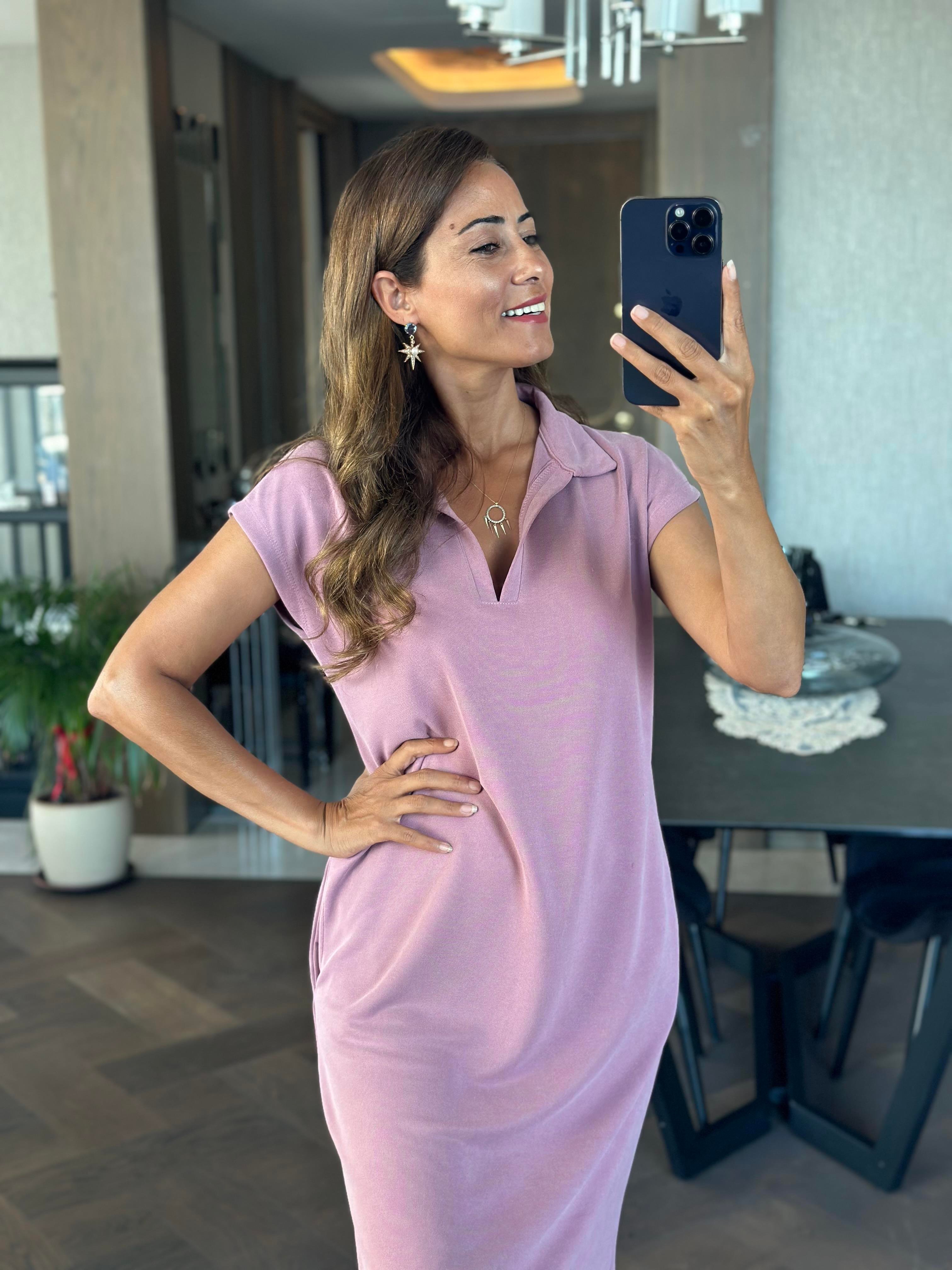 Gül Kurusu Oysh Polo Yaka Sıfır Kol Modal Midi Boy Kadın Elbise 