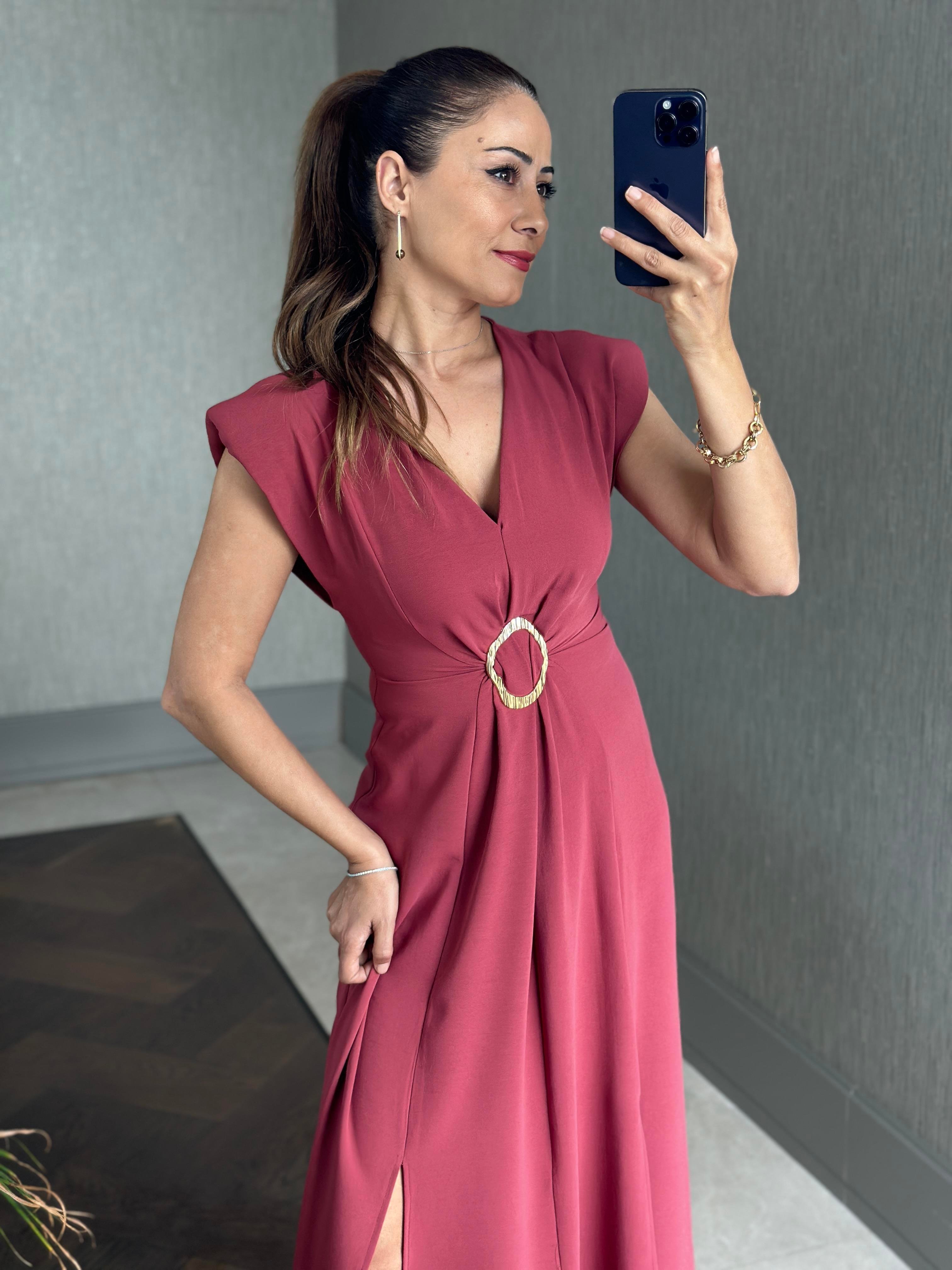 Gül Kurusu Vatkalı V Yaka Önü Tokalı Kadın Midiboy Elbise