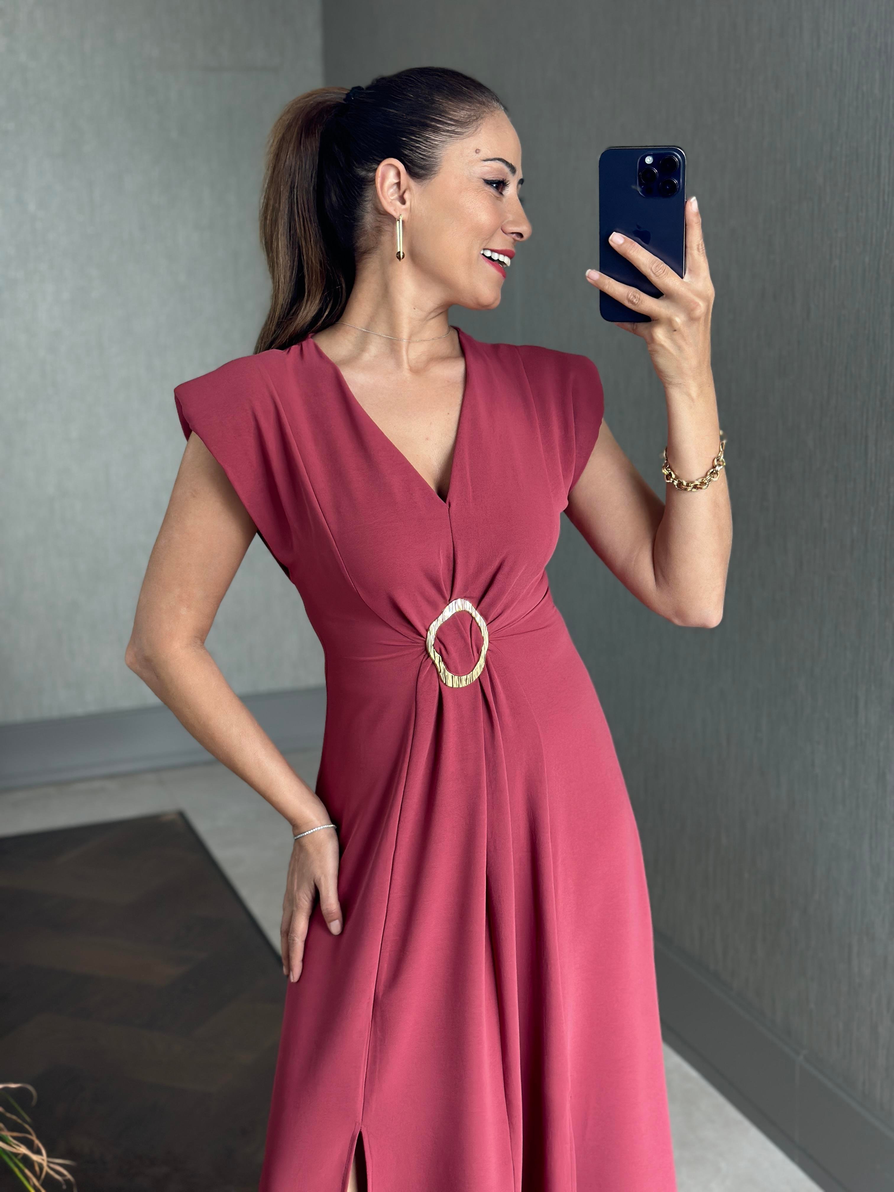 Gül Kurusu Vatkalı V Yaka Önü Tokalı Kadın Midiboy Elbise