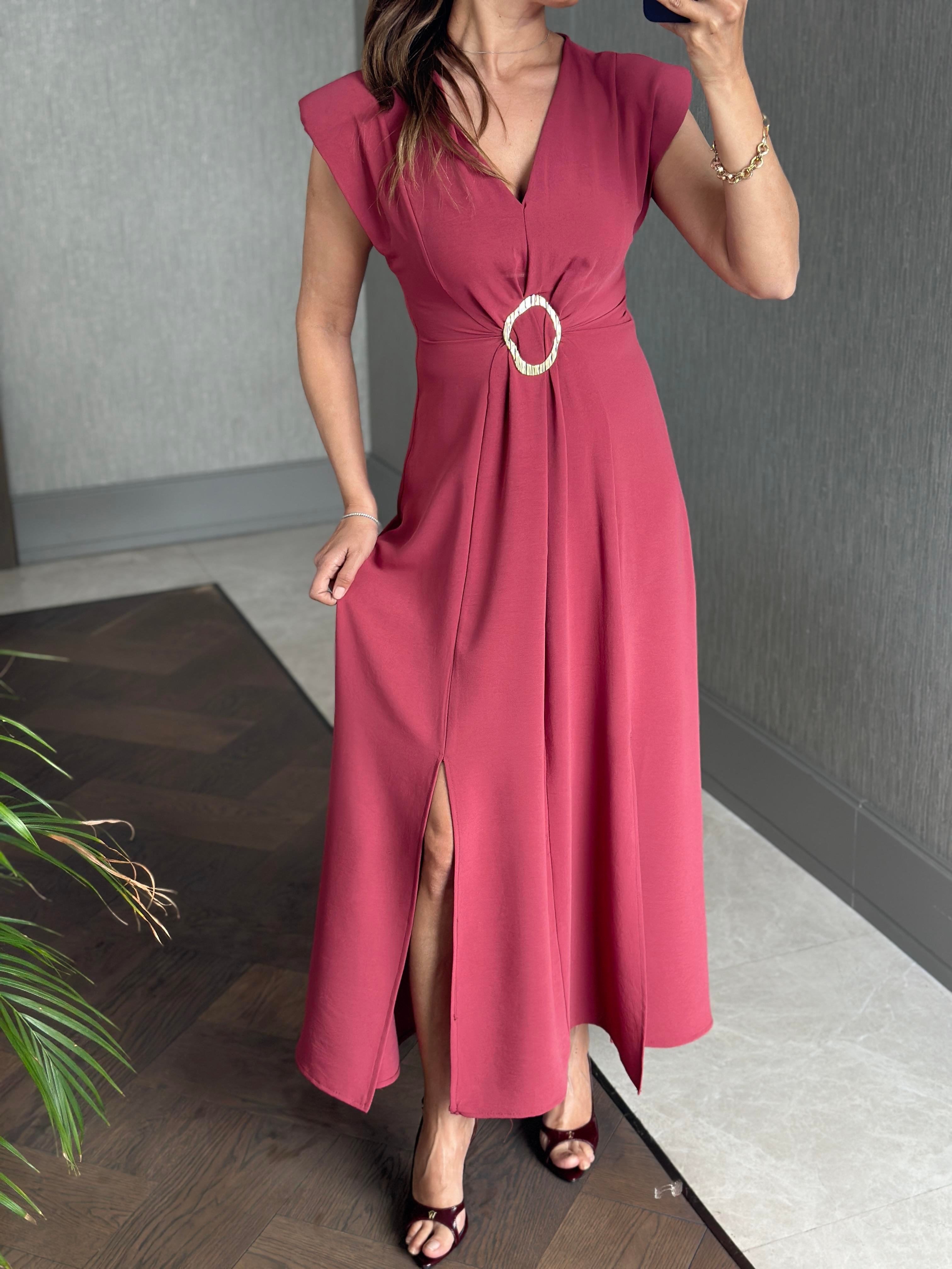 Gül Kurusu Vatkalı V Yaka Önü Tokalı Kadın Midiboy Elbise