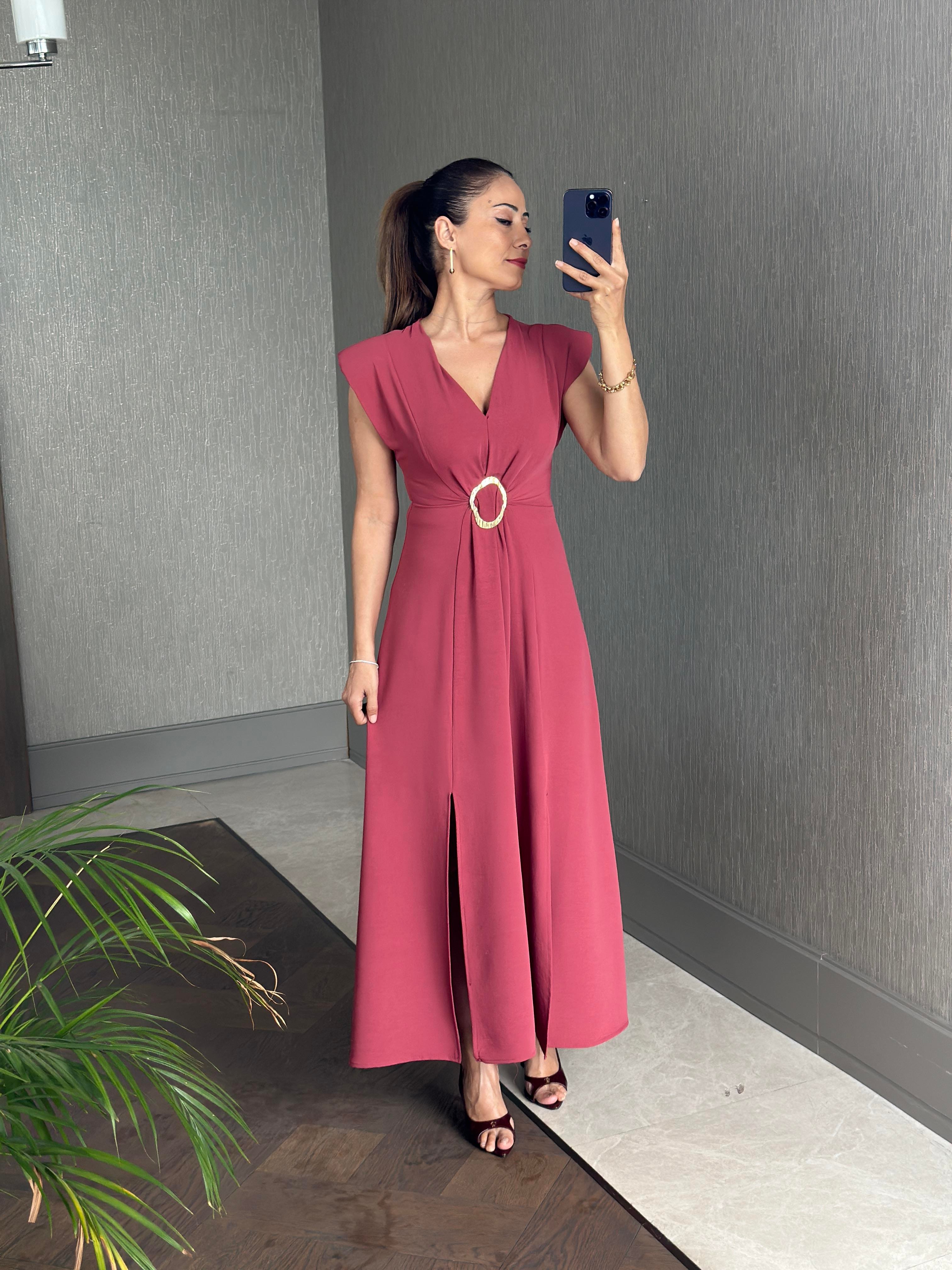 Gül Kurusu Vatkalı V Yaka Önü Tokalı Kadın Midiboy Elbise