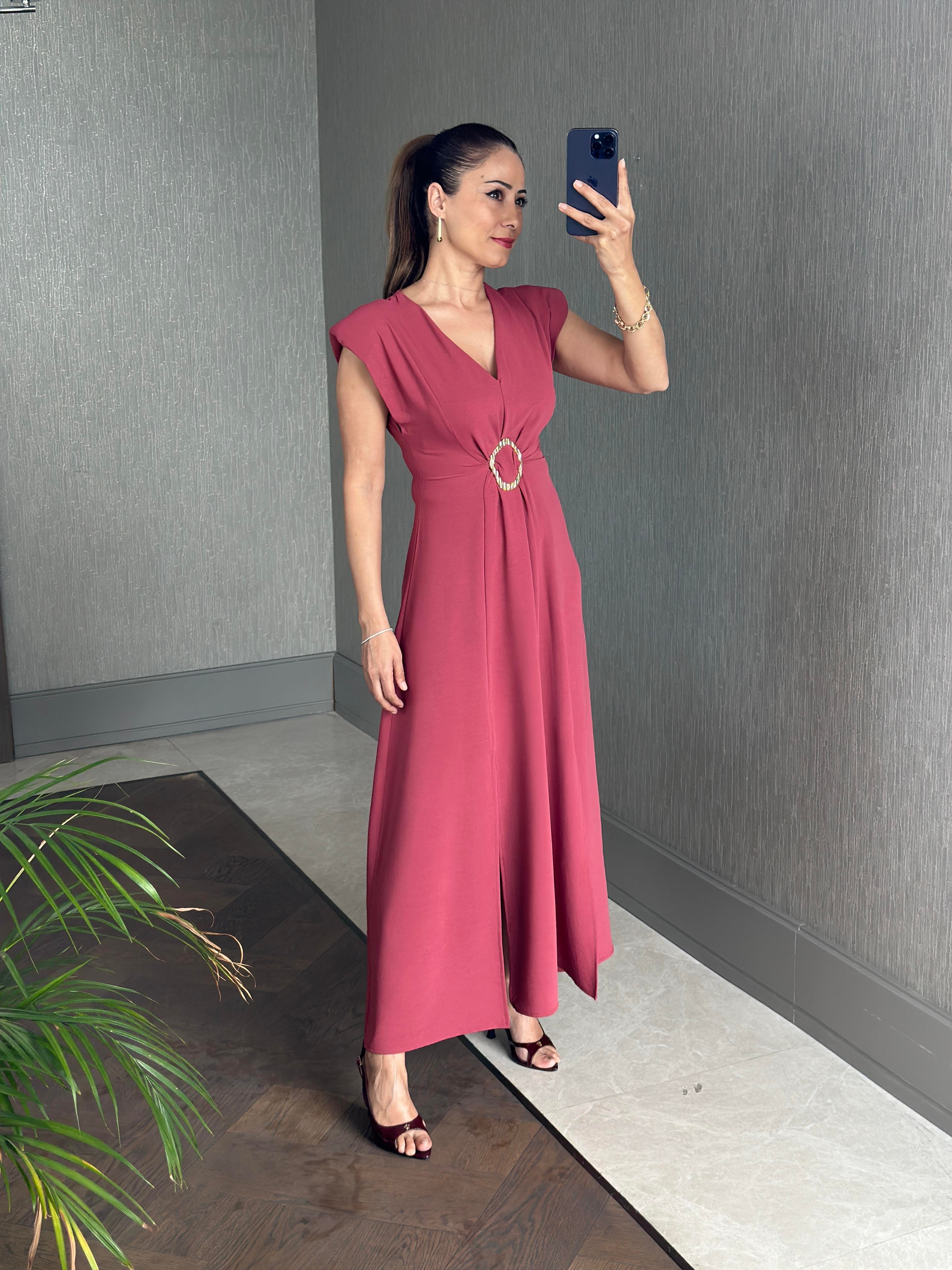 Gül Kurusu Vatkalı V Yaka Önü Tokalı Kadın Midiboy Elbise