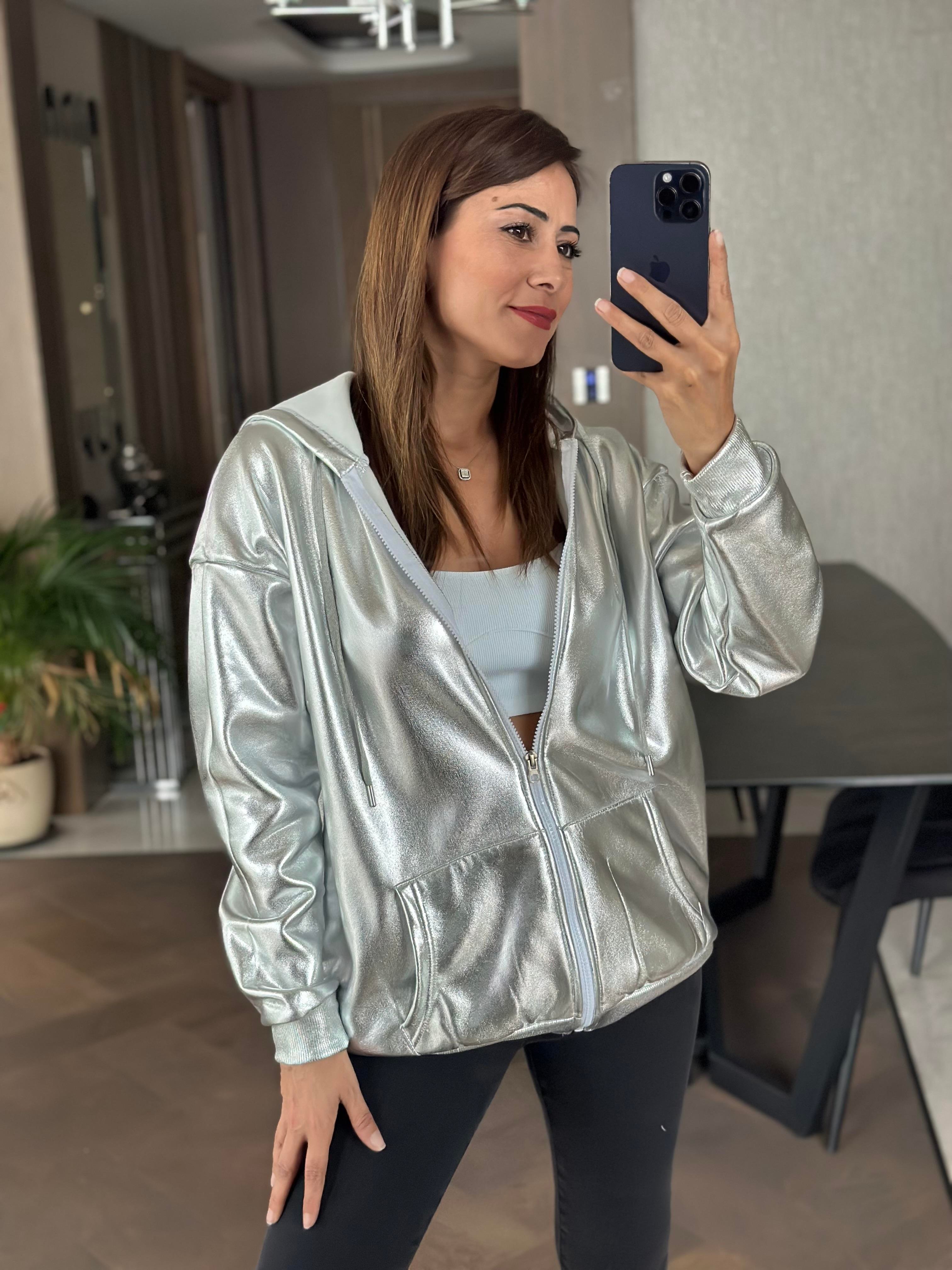 Gümüş Varak Kapüşonlu Fermuarlı Kadın Sweatshit
