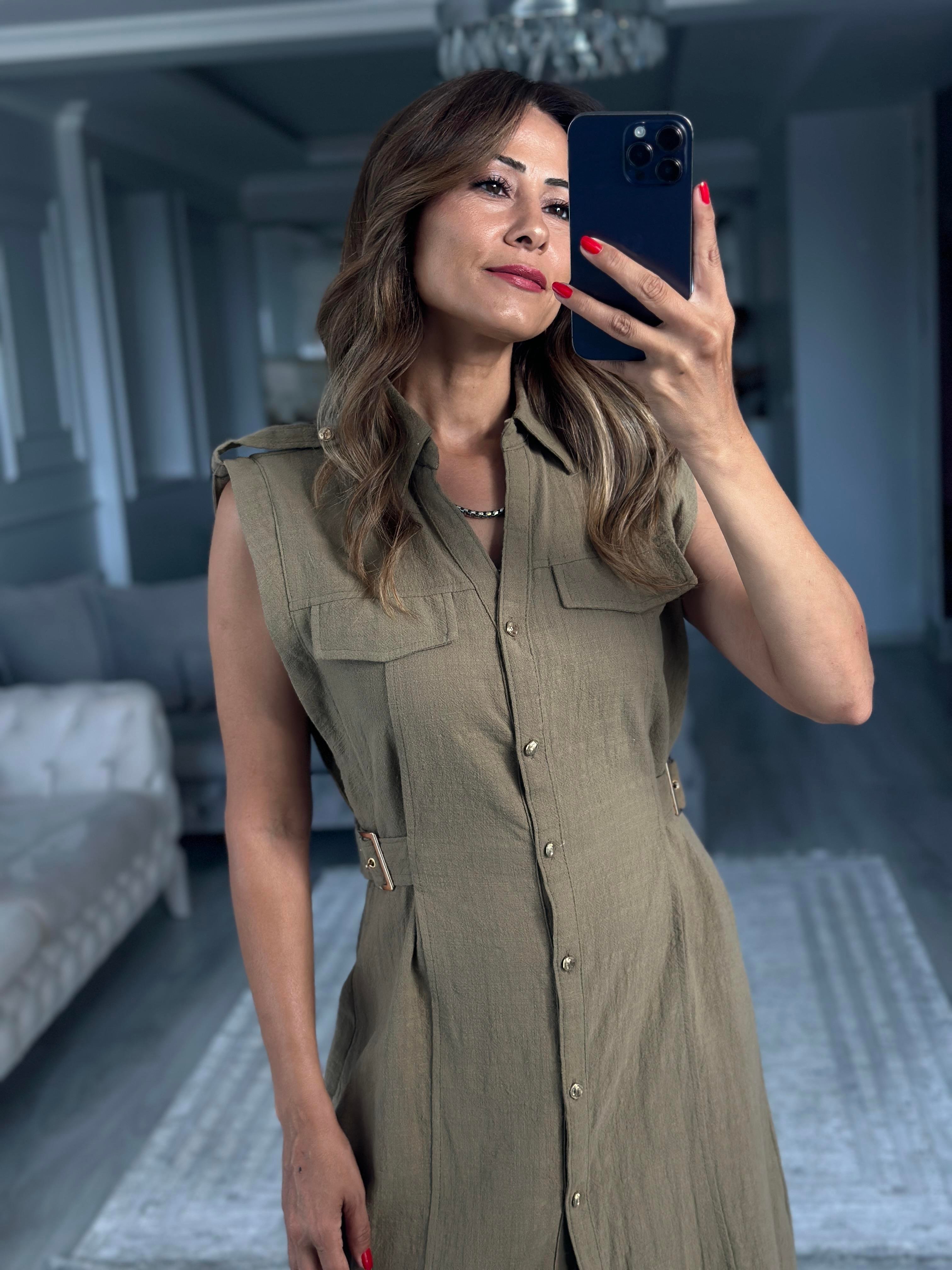 Haki Apoletli Sıfır Kol Midi Boy Kadın Gömlek Elbise