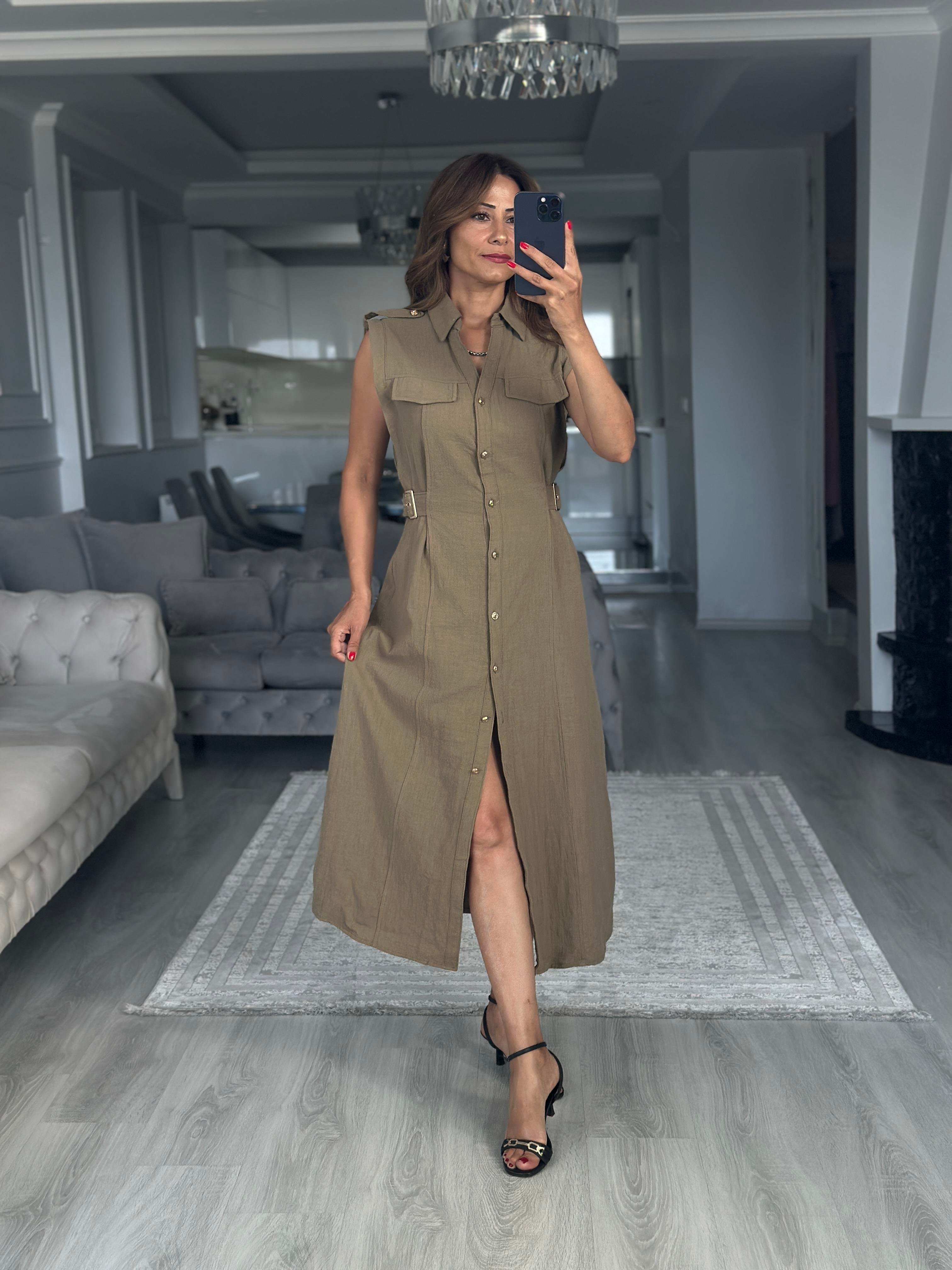 Haki Apoletli Sıfır Kol Midi Boy Kadın Gömlek Elbise