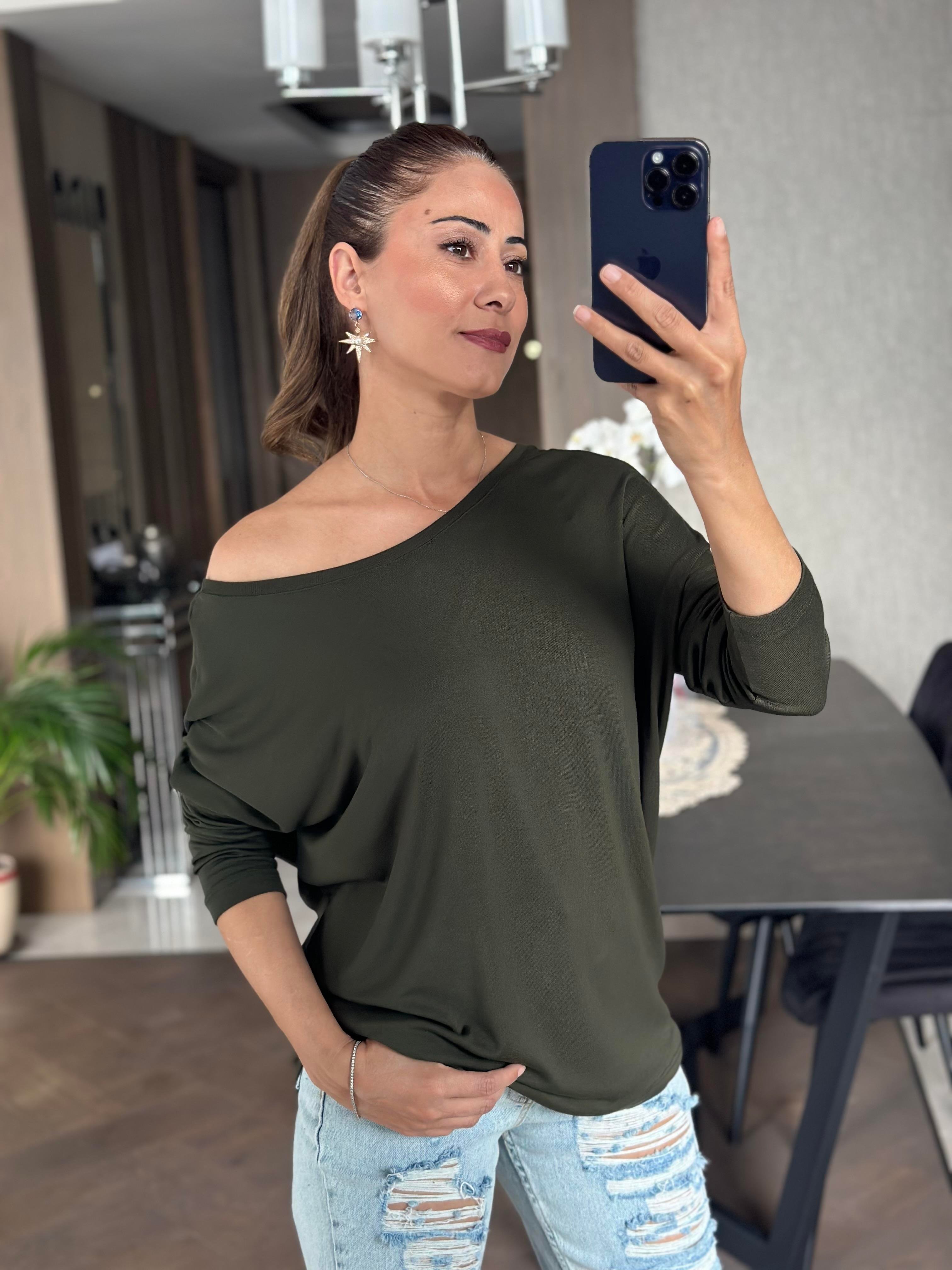 Haki Arkası V Önü Bisiklet Yaka Uzun Kol Kadın Bluz