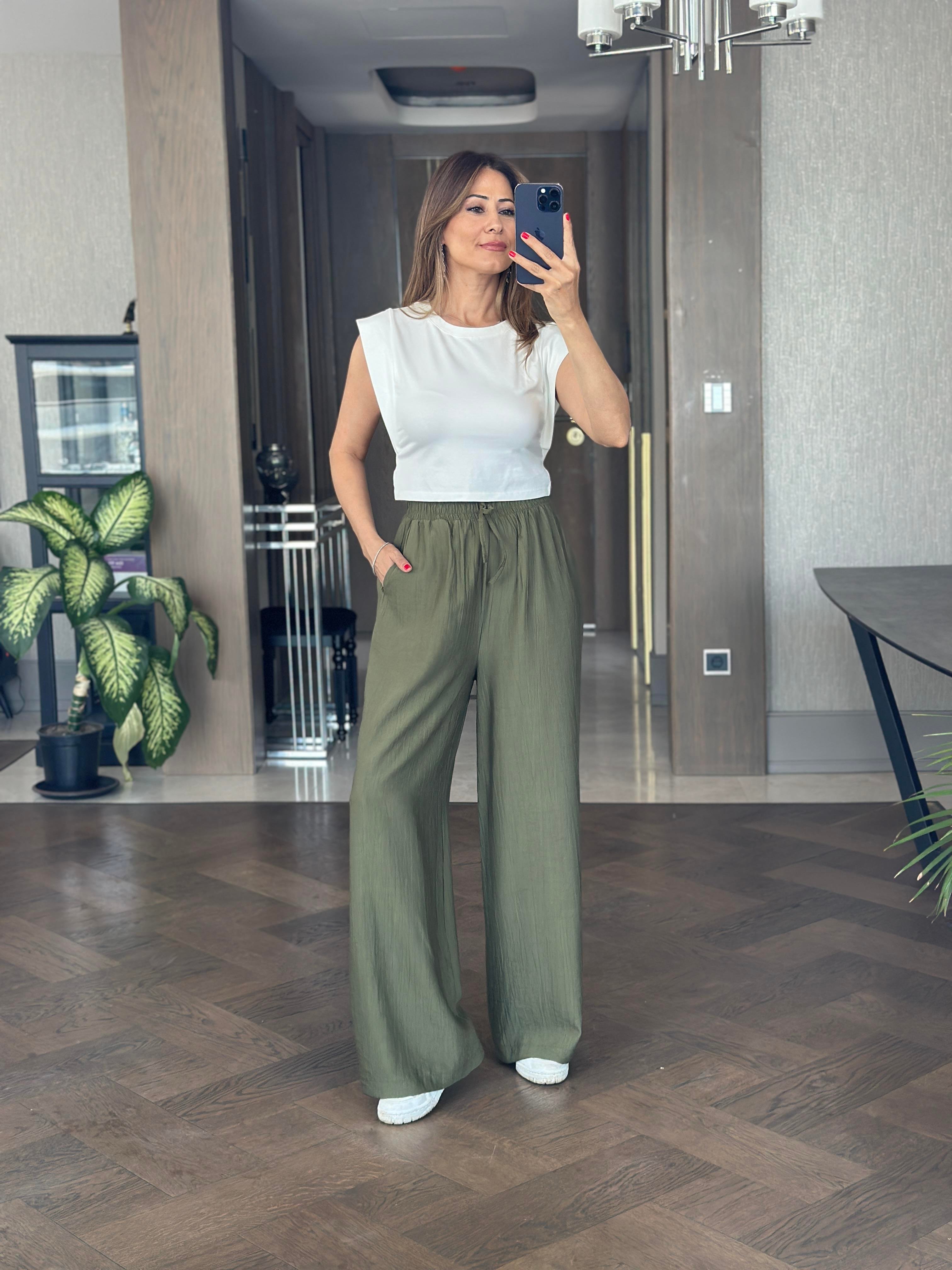 Haki Bağcık Detay Çilek Yürüyüş Kadın Pantolon