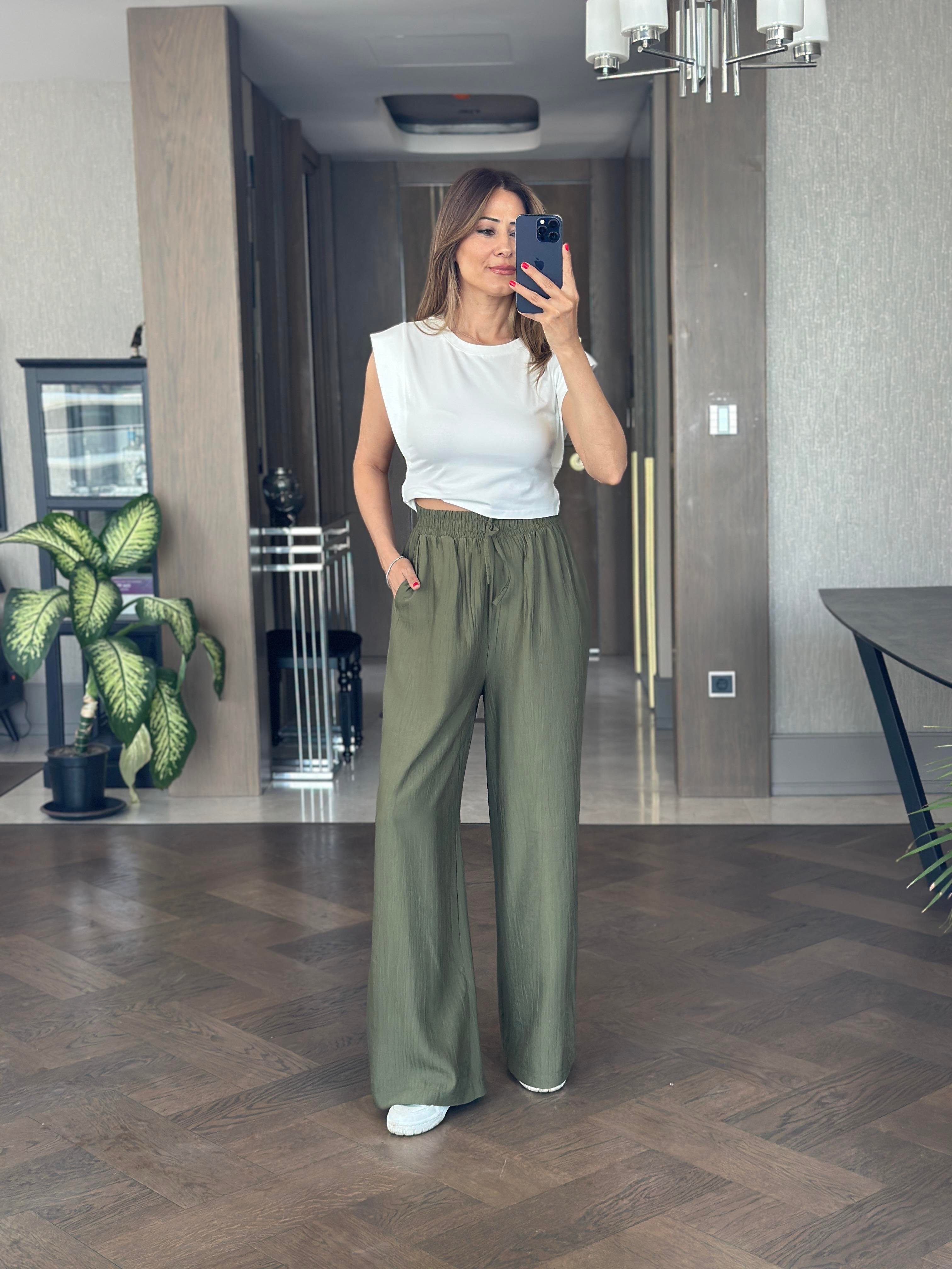 Haki Bağcık Detay Çilek Yürüyüş Kadın Pantolon