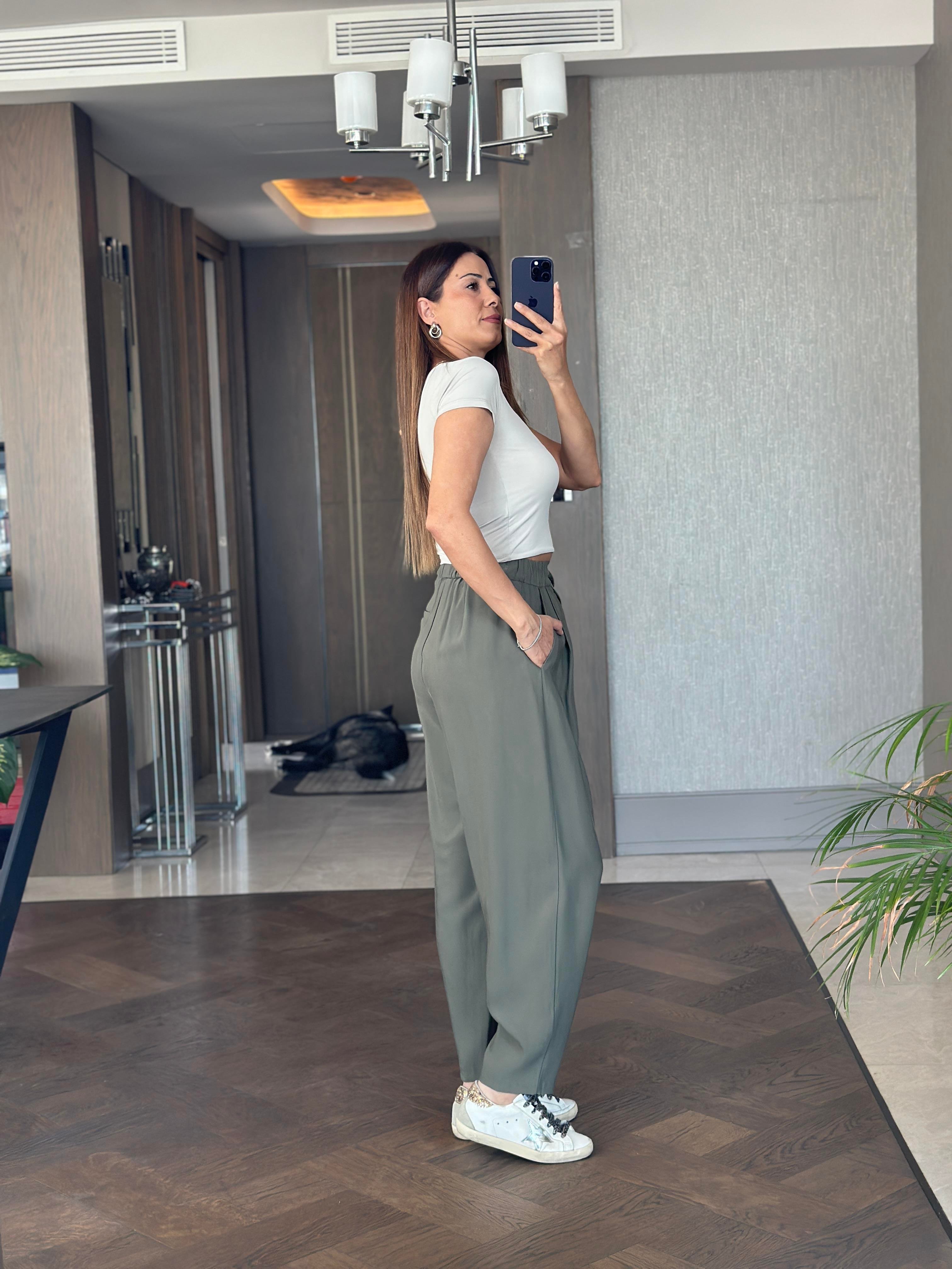 Haki Beli Bağcıklı Önü Pileli Kadın Pantolon