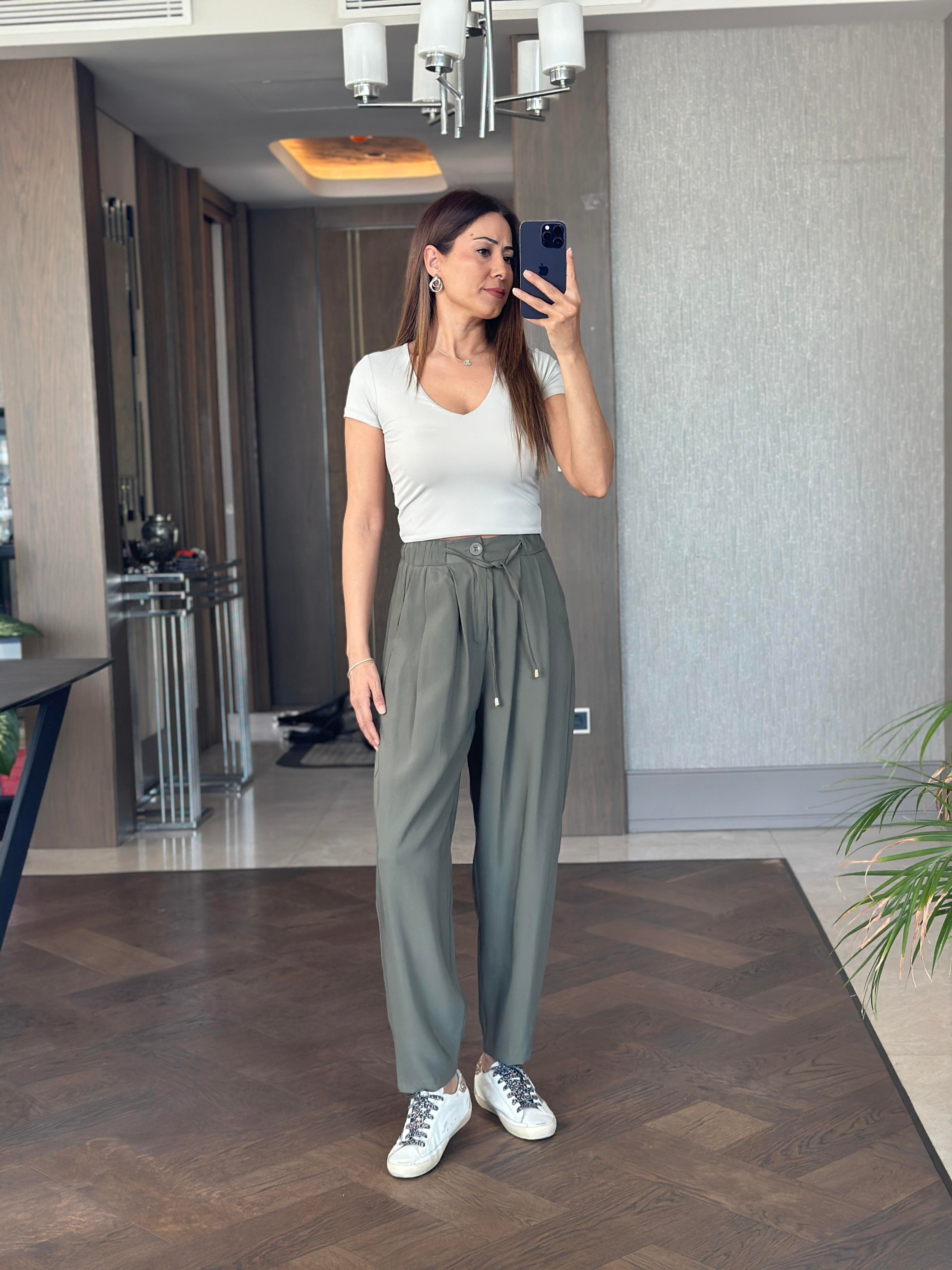 Haki Beli Bağcıklı Önü Pileli Kadın Pantolon