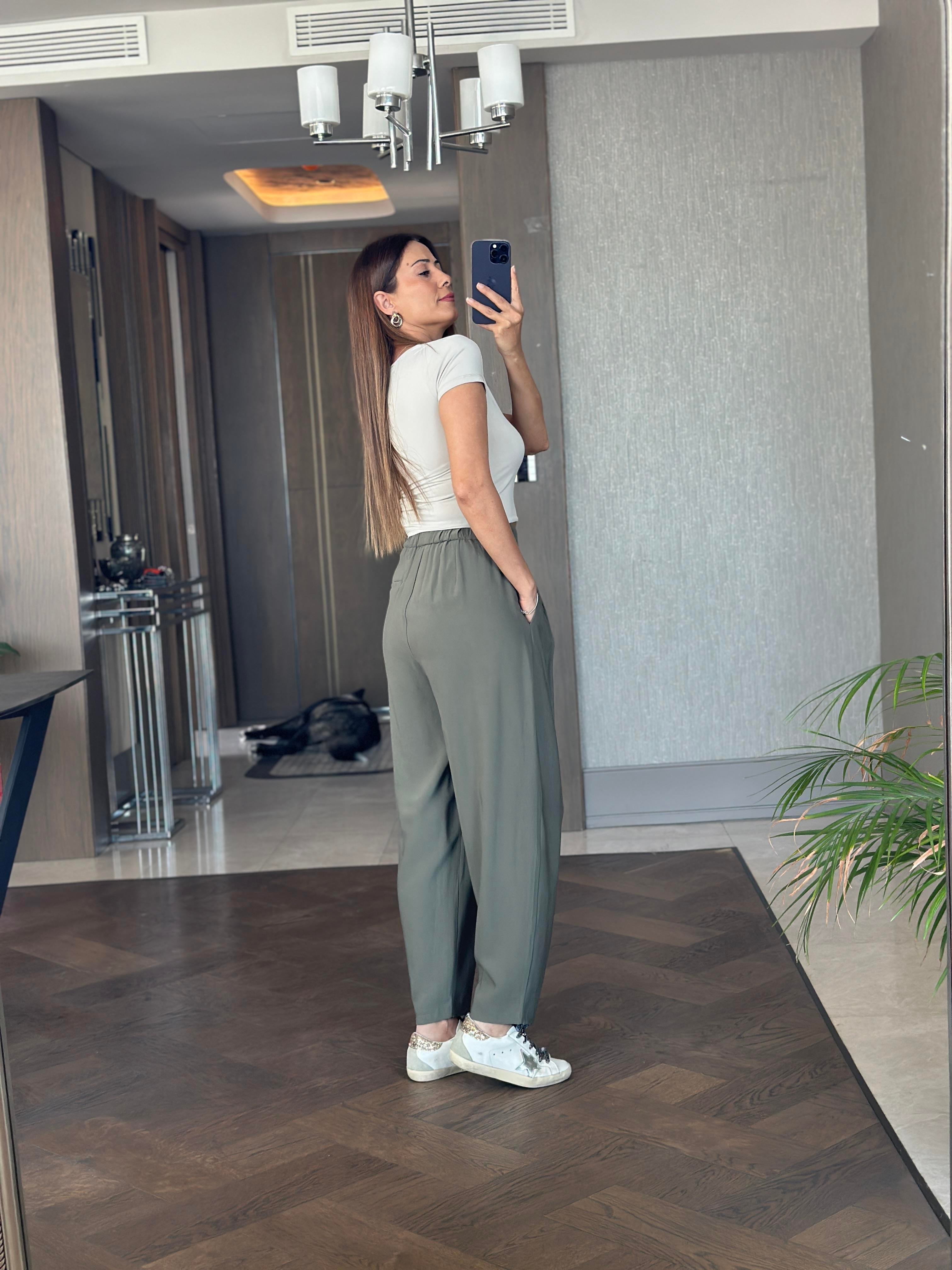 Haki Beli Bağcıklı Önü Pileli Kadın Pantolon