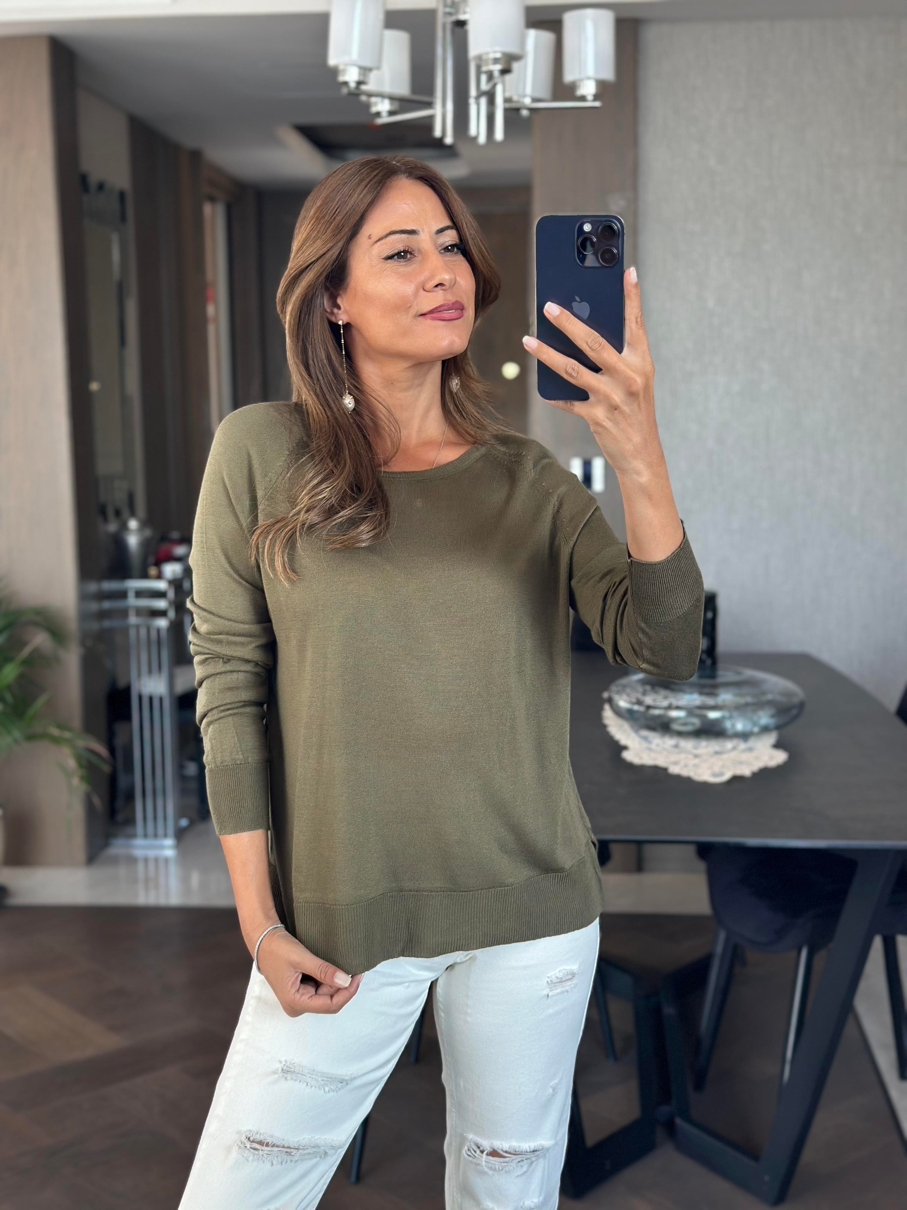 Haki Bisiklet Yaka Uzun Kol Dlvn Düz Merserize Kadın Bluz