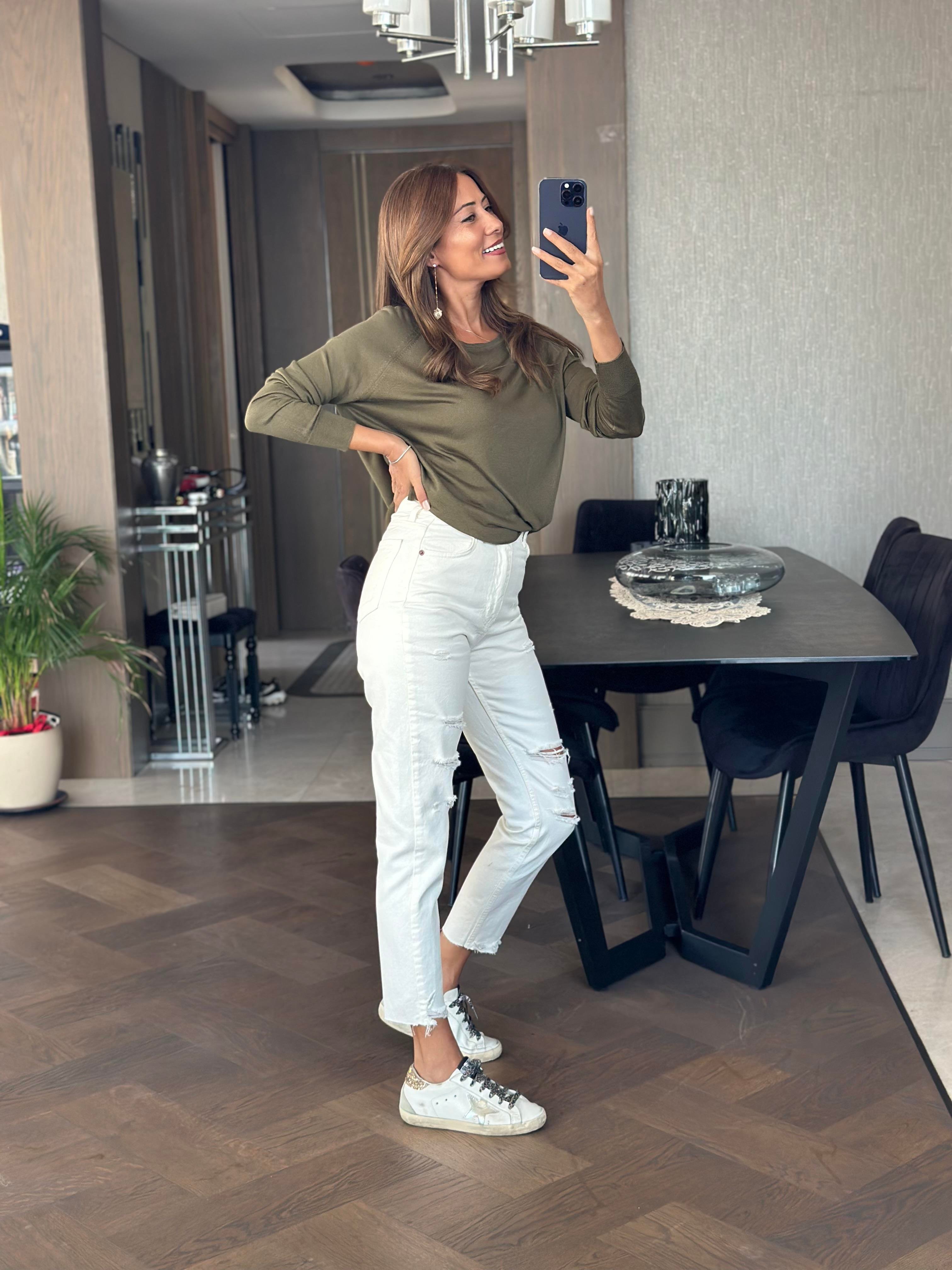 Haki Bisiklet Yaka Uzun Kol Dlvn Düz Merserize Kadın Bluz