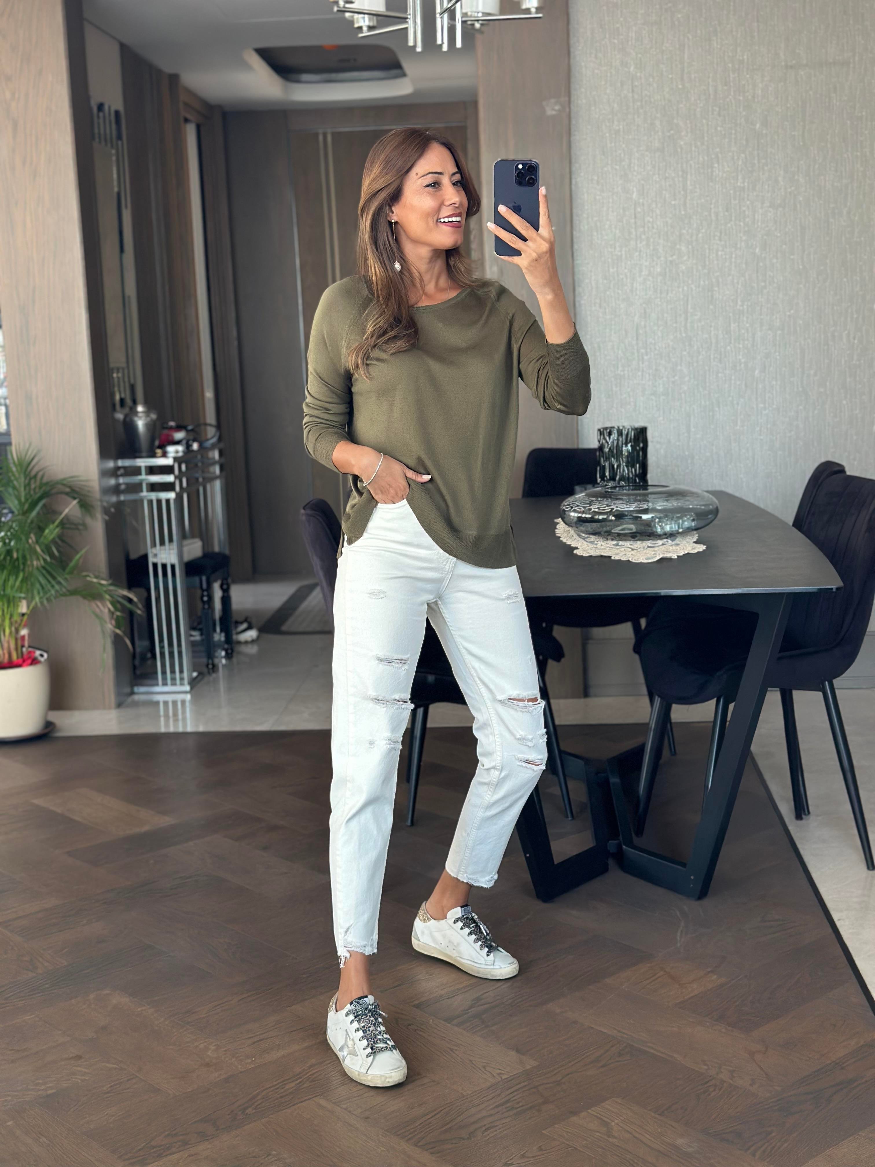 Haki Bisiklet Yaka Uzun Kol Dlvn Düz Merserize Kadın Bluz