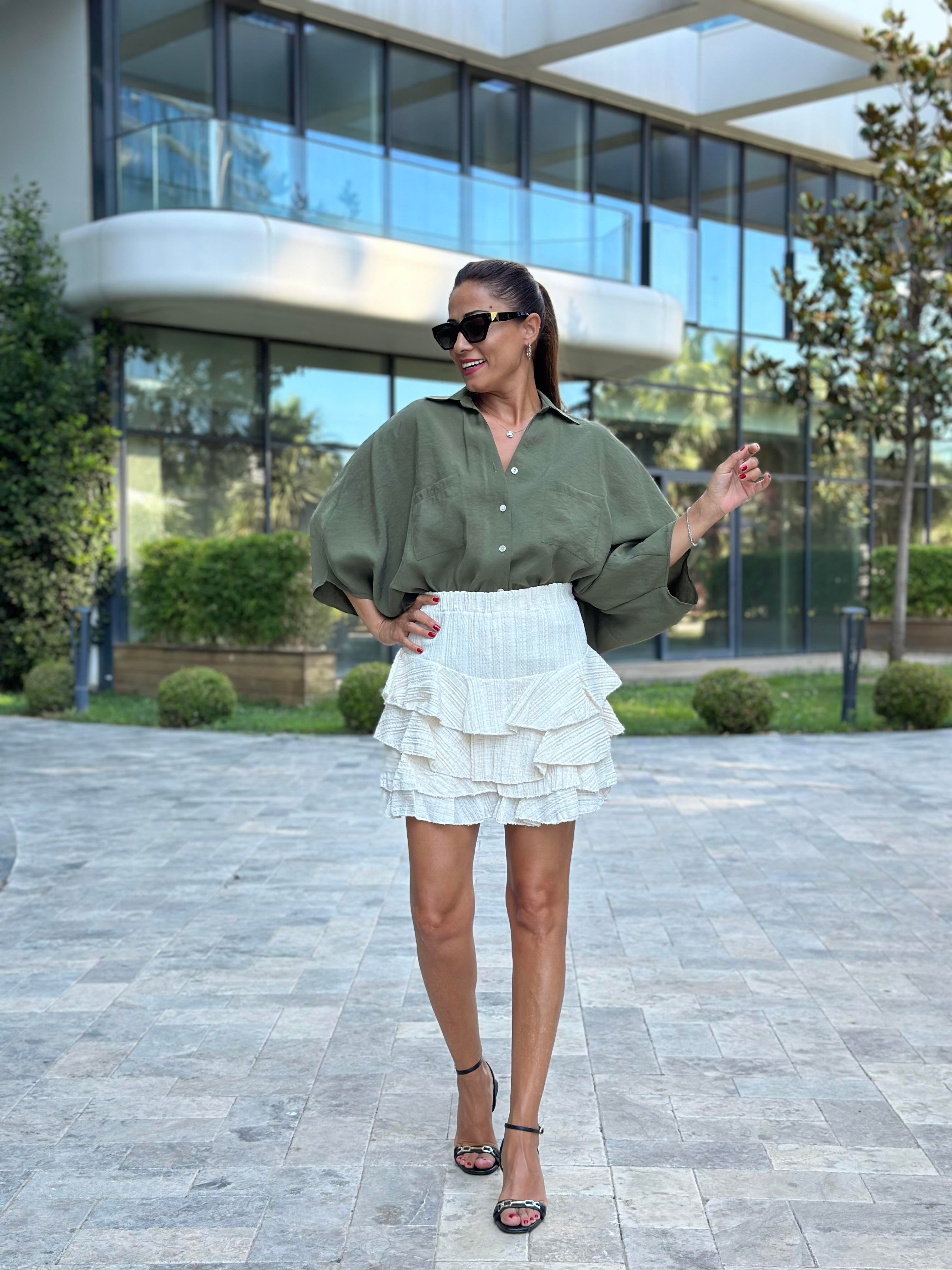 Haki Çift Cepli Yarasa Kol Tnsel Kadın Gömlek