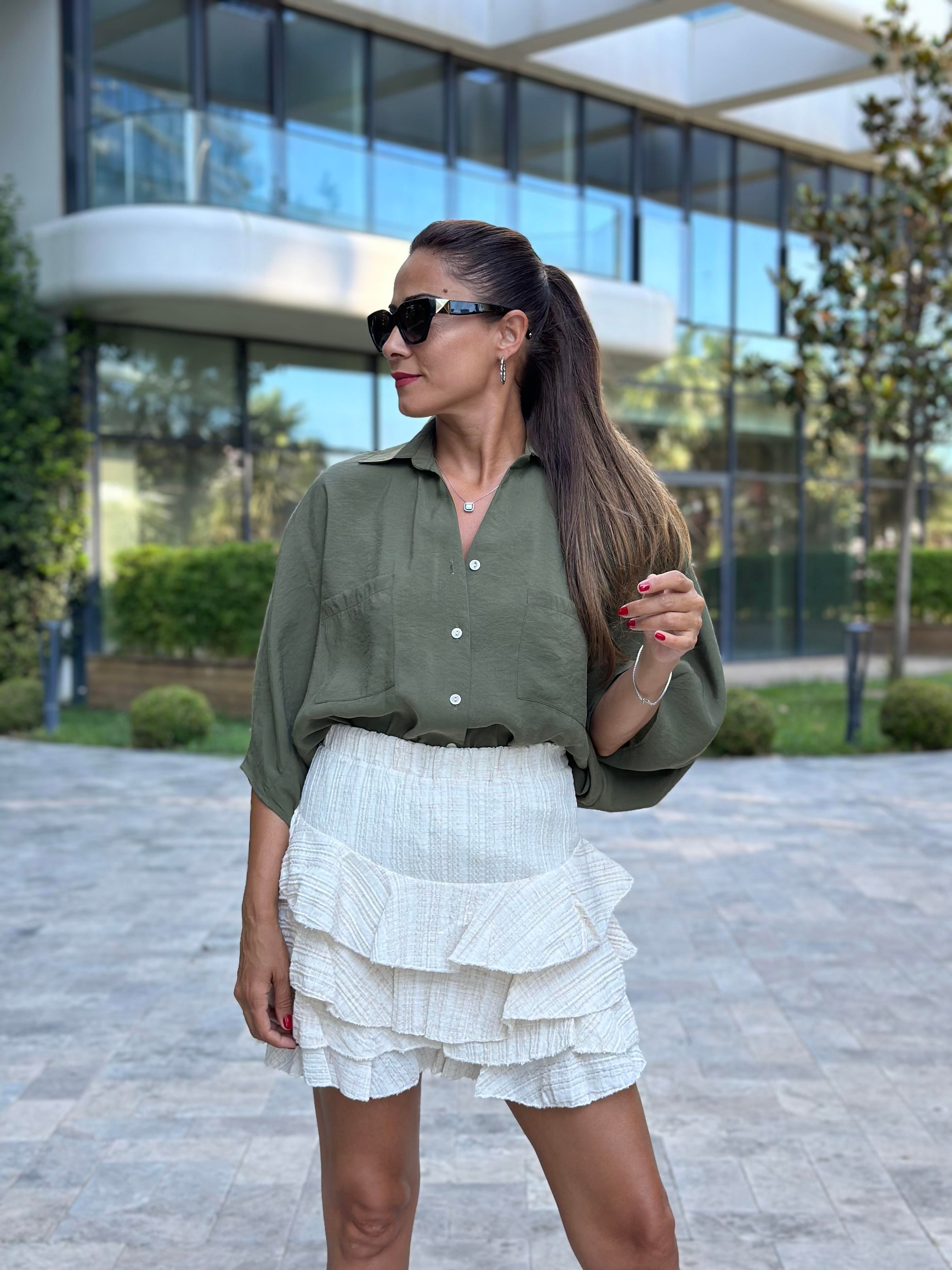 Haki Çift Cepli Yarasa Kol Tnsel Kadın Gömlek