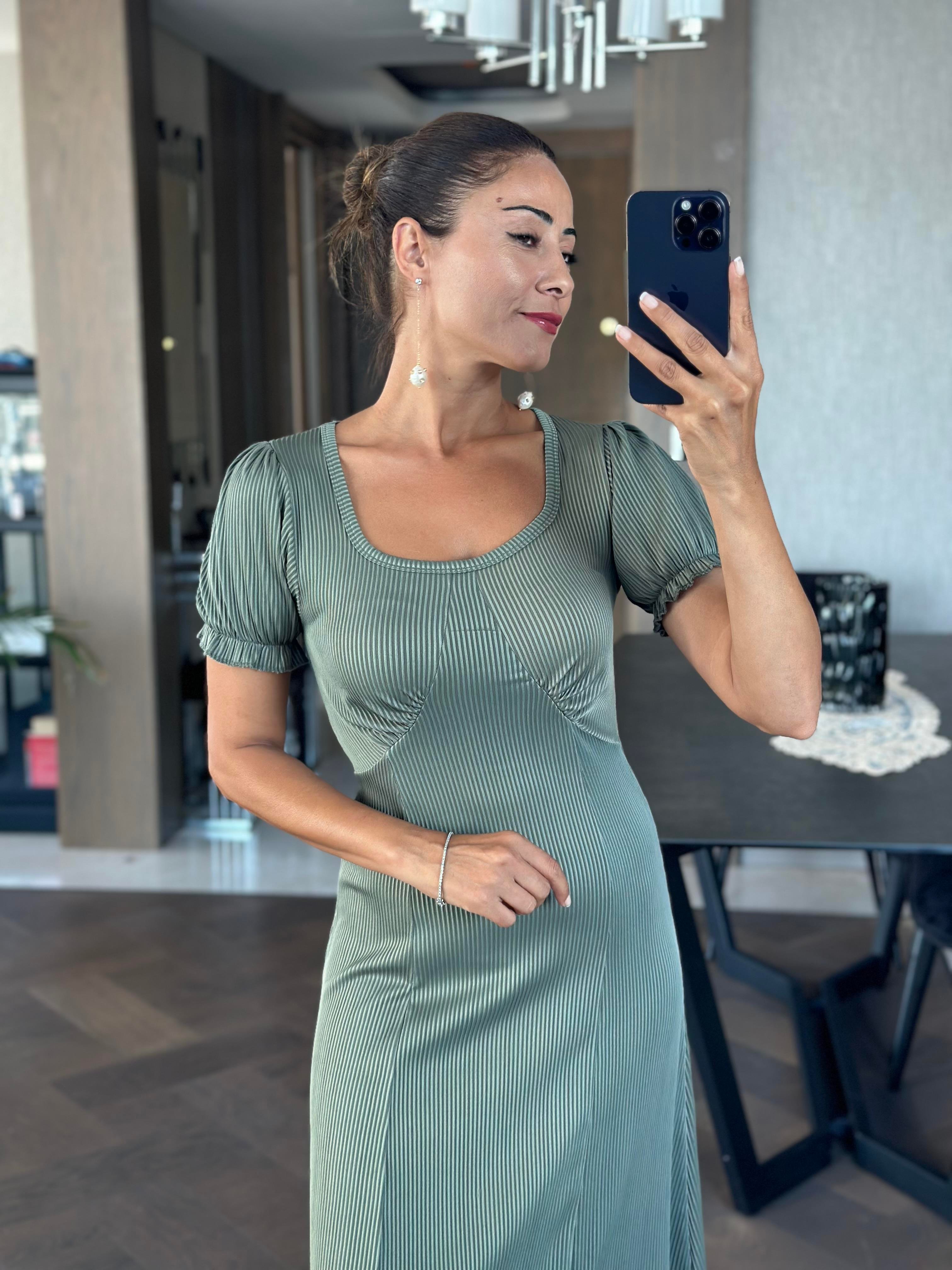 Haki Fitilli Örme Kumaş Prenses Kol Yırtmaçlı Kadın Elbise