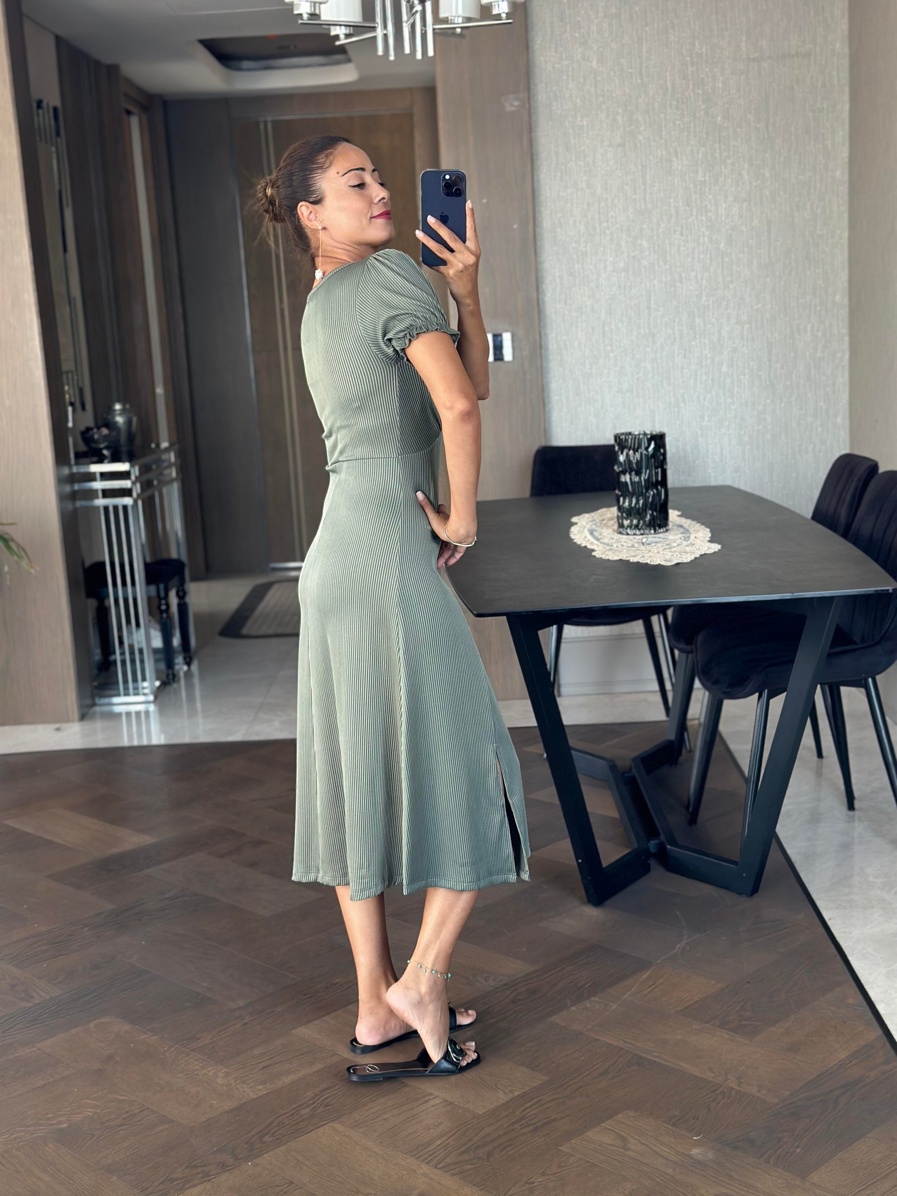 Haki Fitilli Örme Kumaş Prenses Kol Yırtmaçlı Kadın Elbise