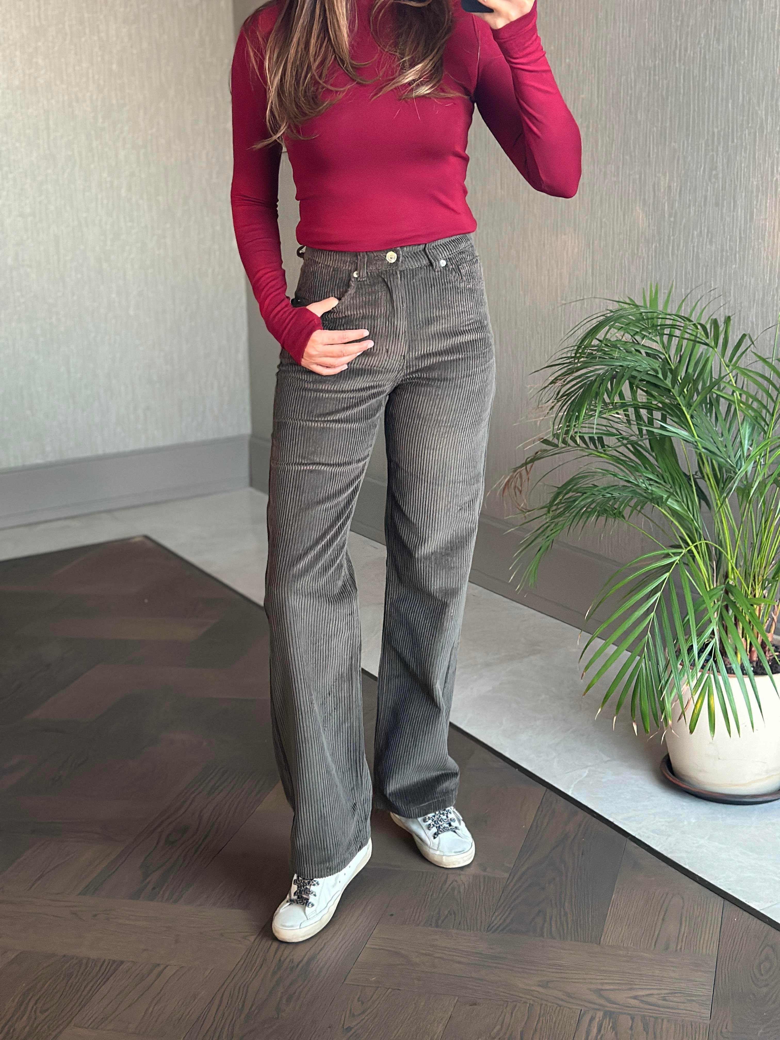 Haki Marka Model Straight Fitilli Kadın Kadife Pantolon