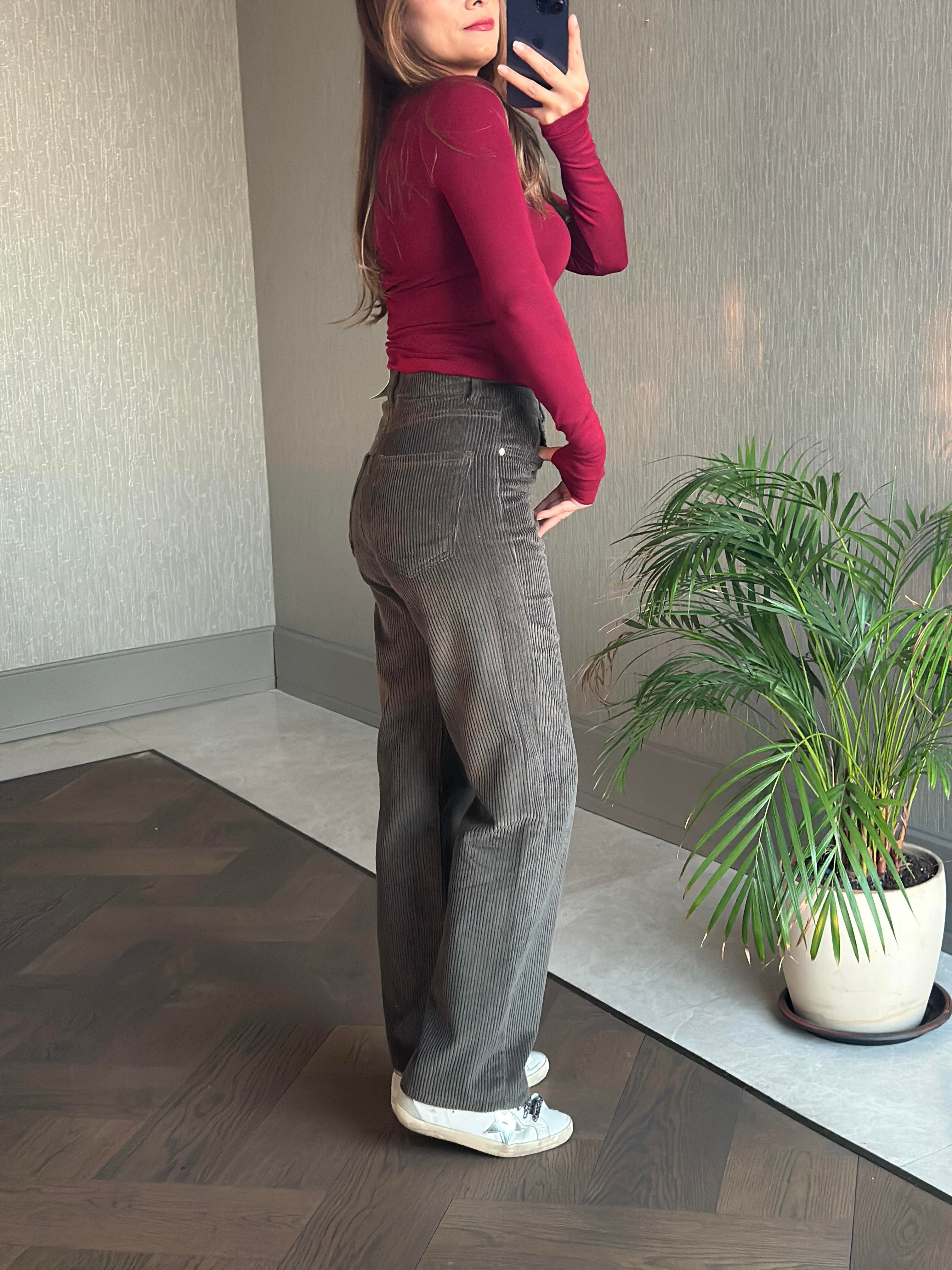 Haki Marka Model Straight Fitilli Kadın Kadife Pantolon