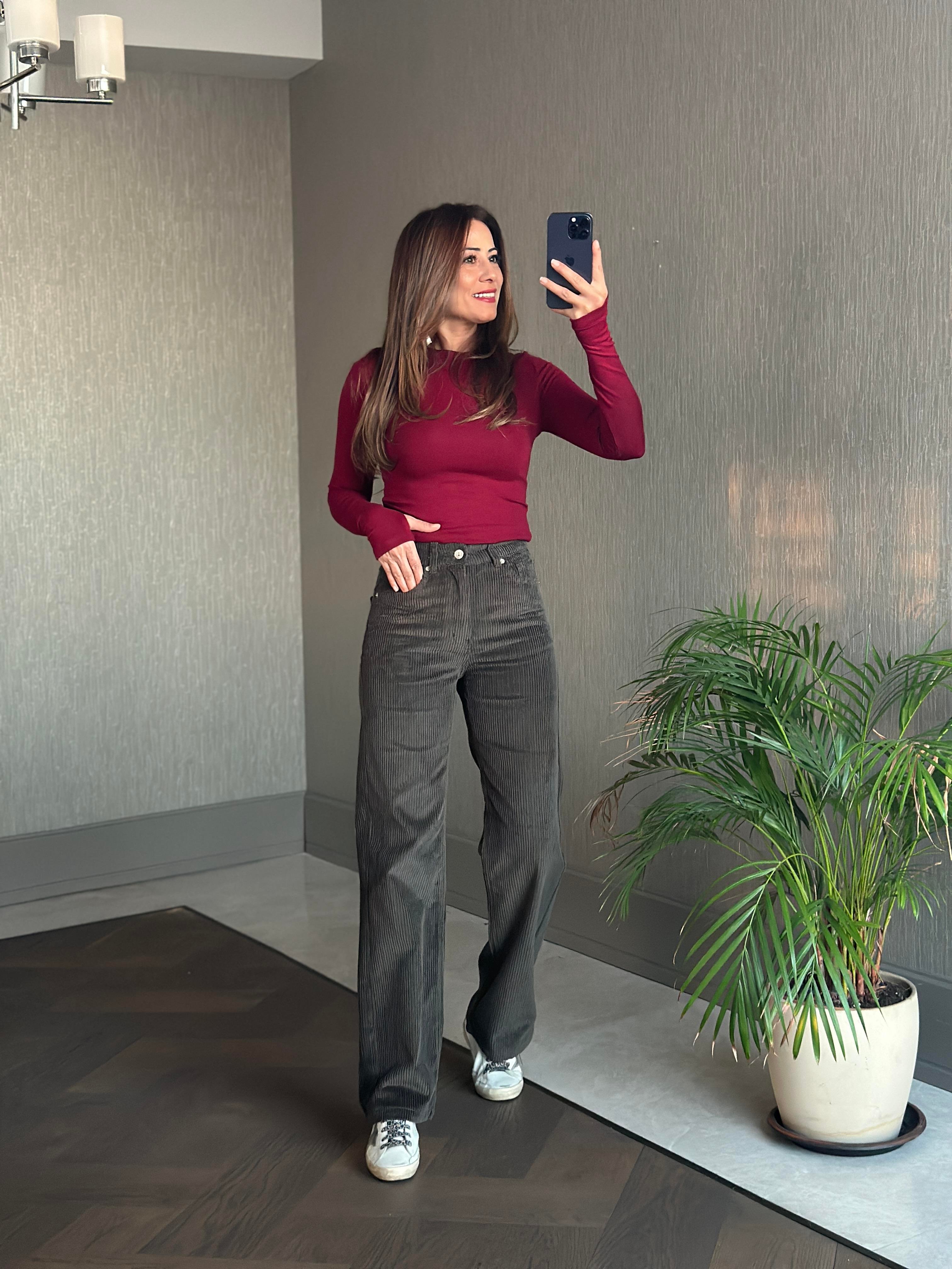 Haki Marka Model Straight Fitilli Kadın Kadife Pantolon