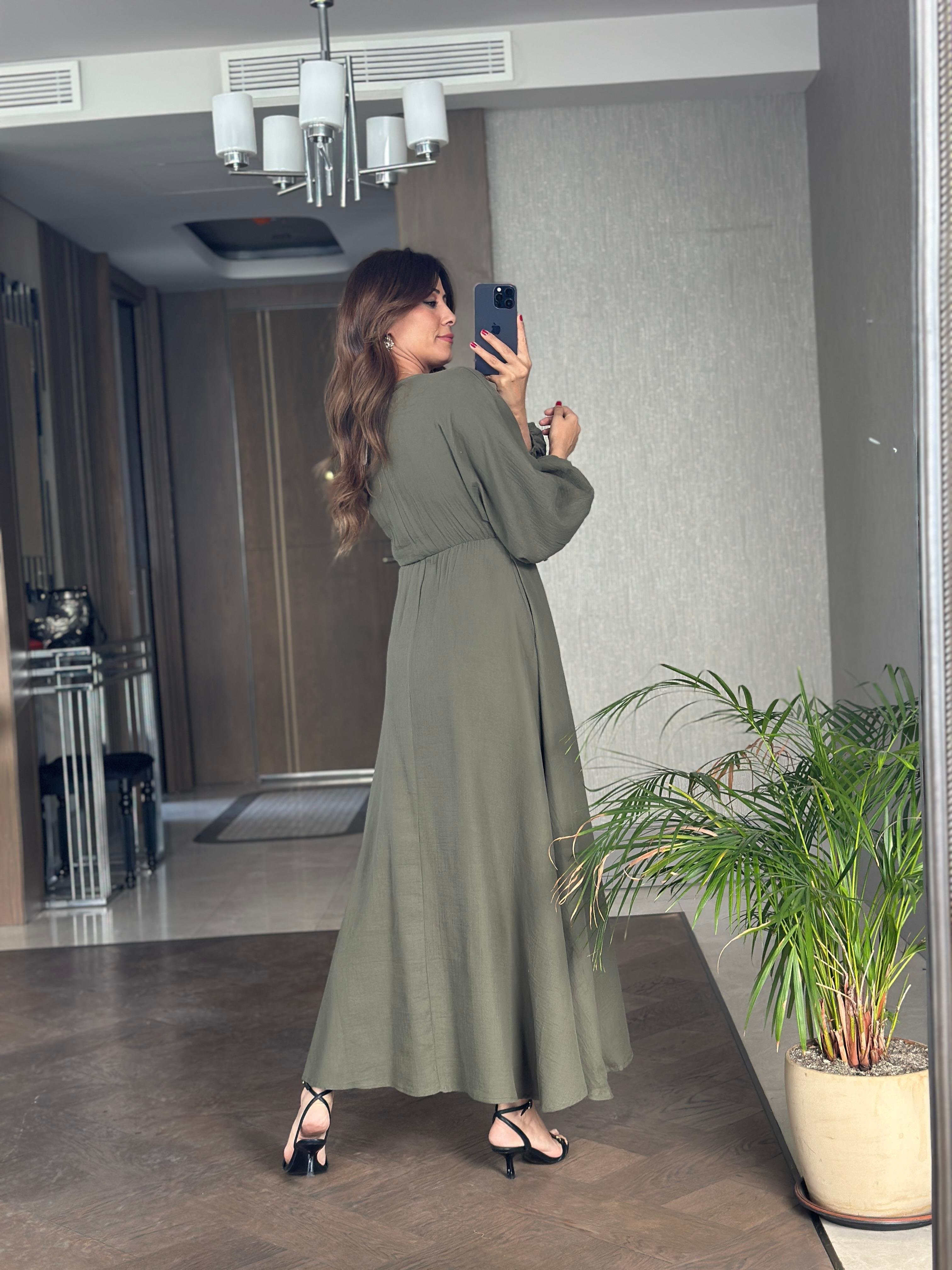 Haki Müslin Önü Bağcıklı Kol Ucu Lastikli Kadın Midi Boy Elbise