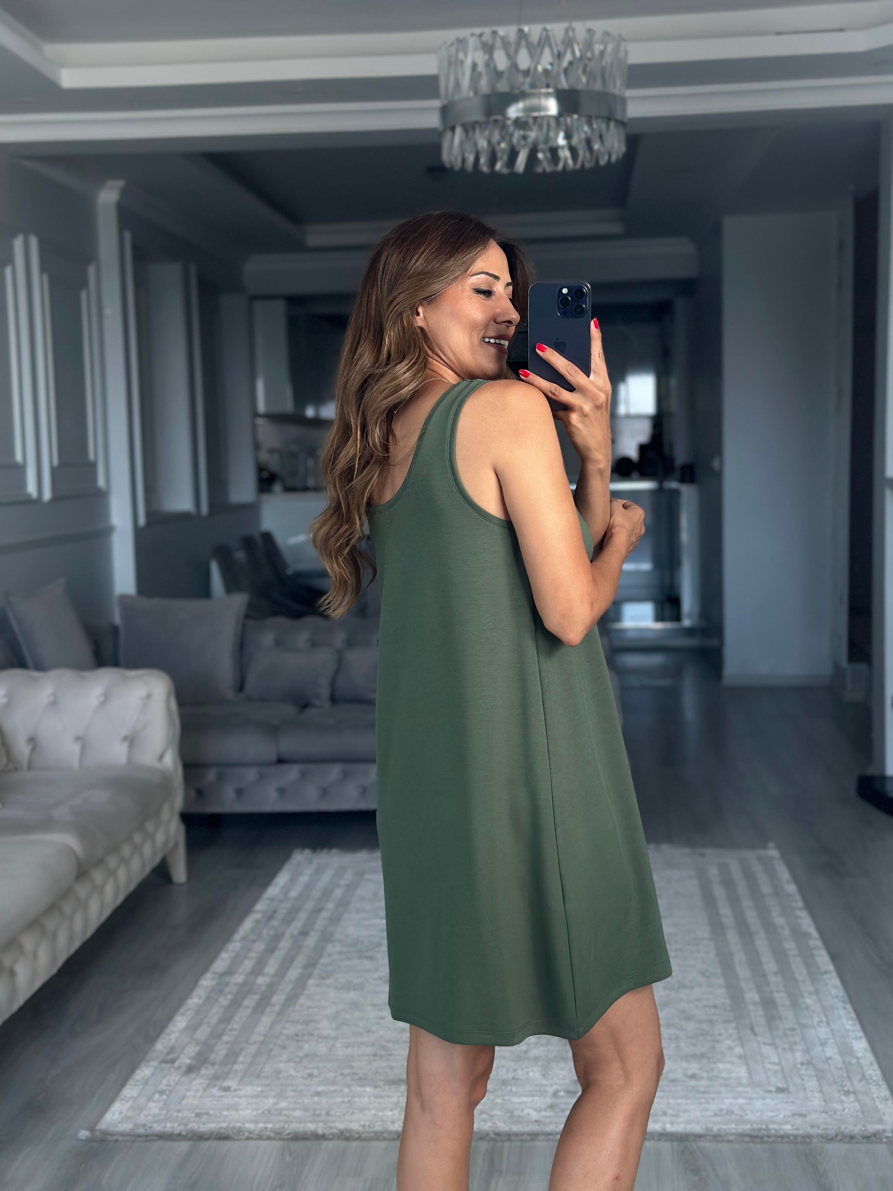 Haki Ön Arka U Yaka  Basic Mini Kadın Elbise