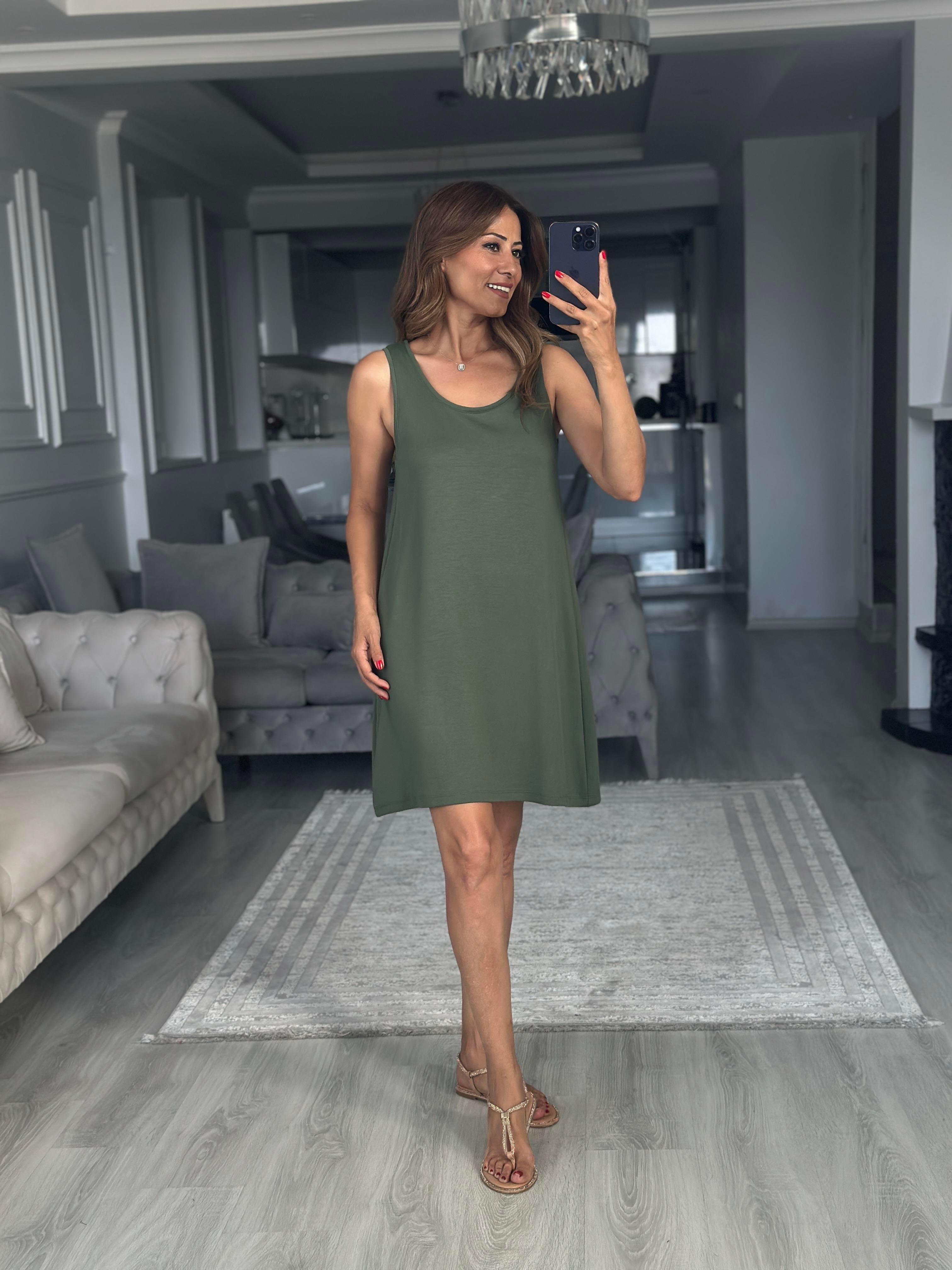 Haki Ön Arka U Yaka  Basic Mini Kadın Elbise