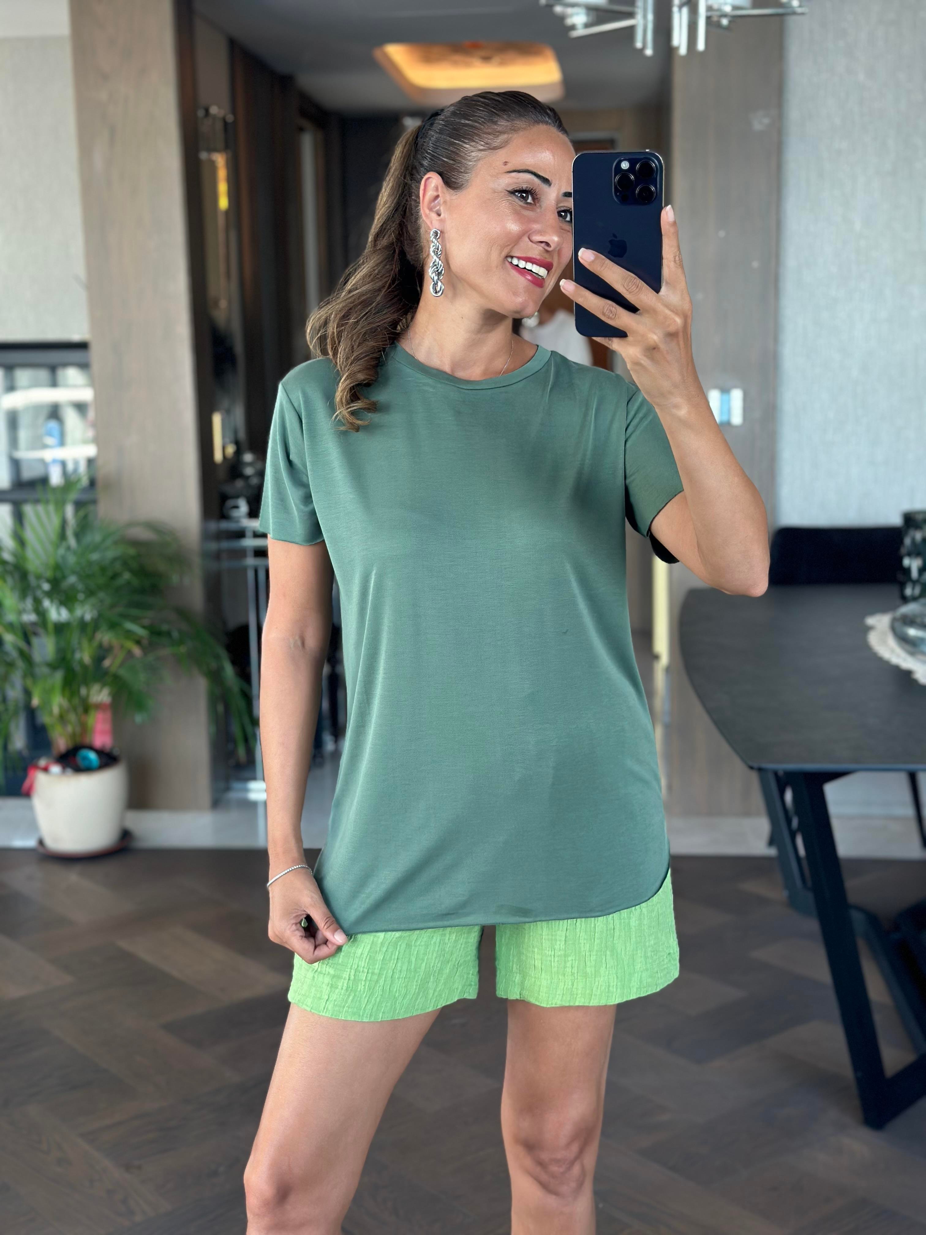 Haki Oysh Bisiklet Yaka Modal Kadın T-Shirt