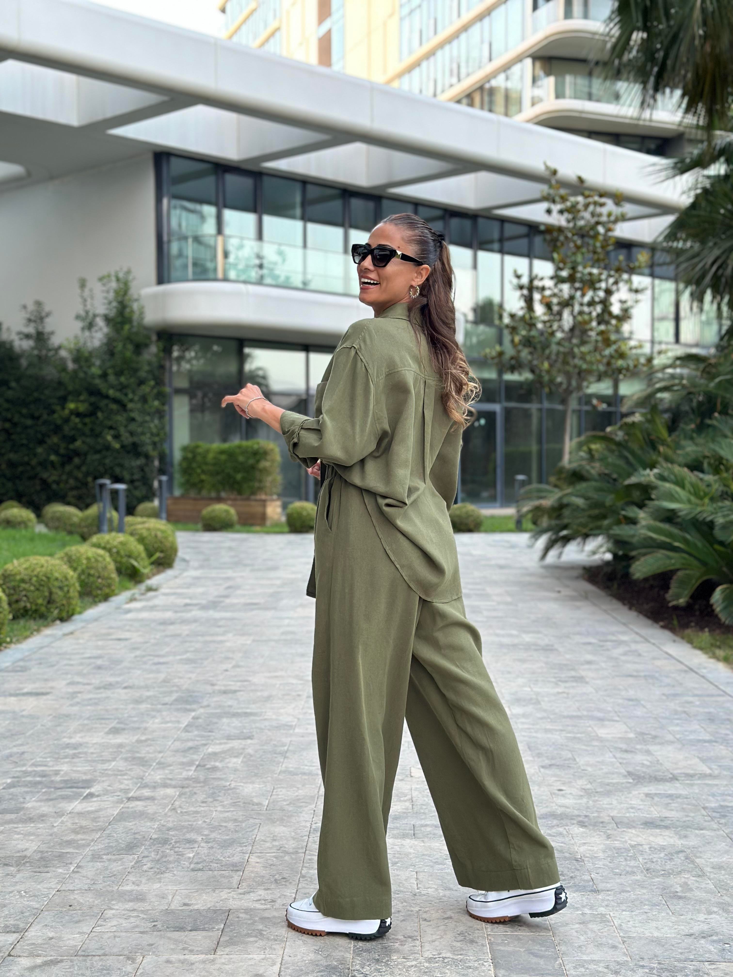Haki Oysh Model Gömlek Palazzo Pantolon Keten Kadın Alt Üst Takım