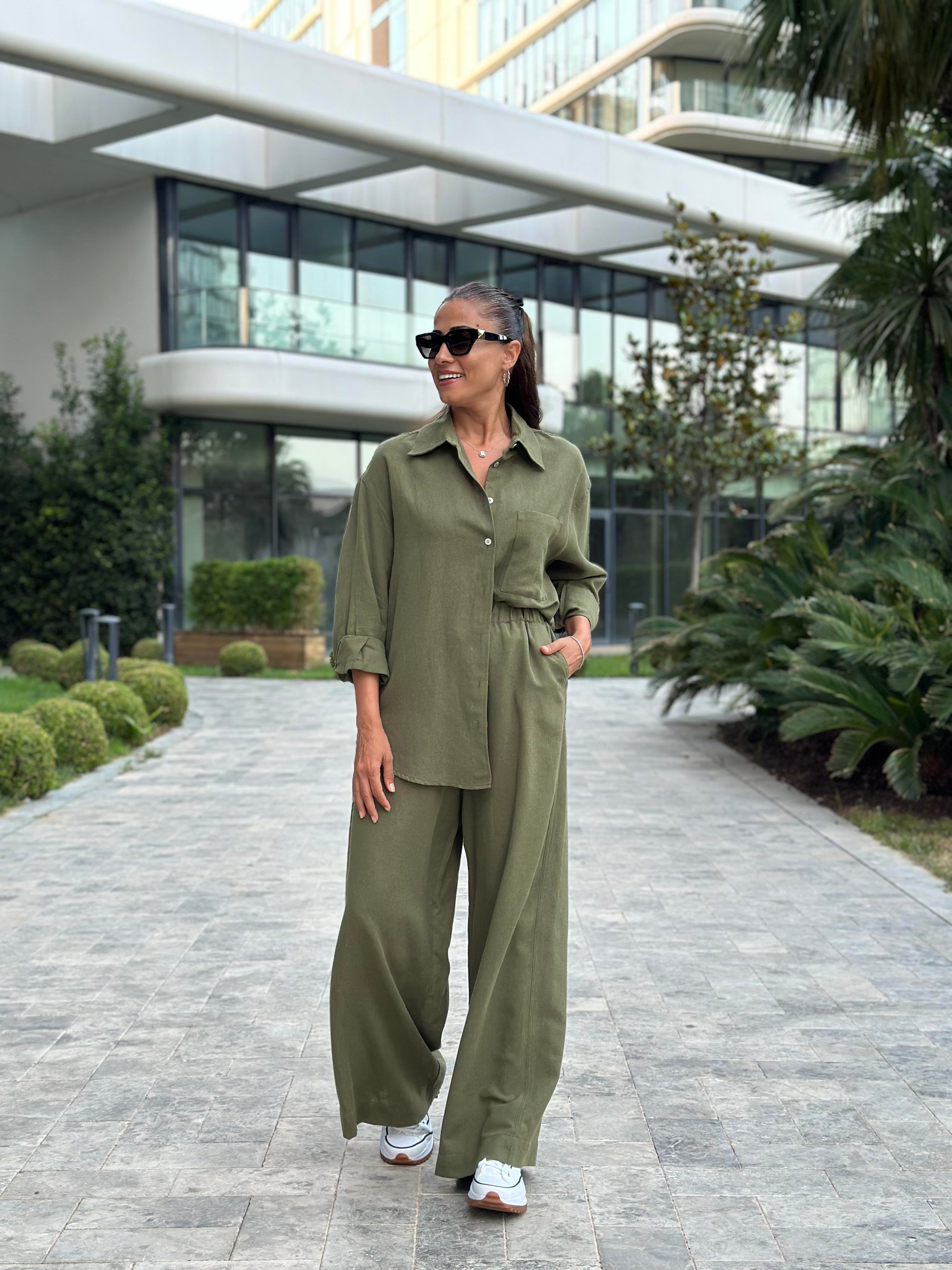 Haki Oysh Model Gömlek Palazzo Pantolon Keten Kadın Alt Üst Takım