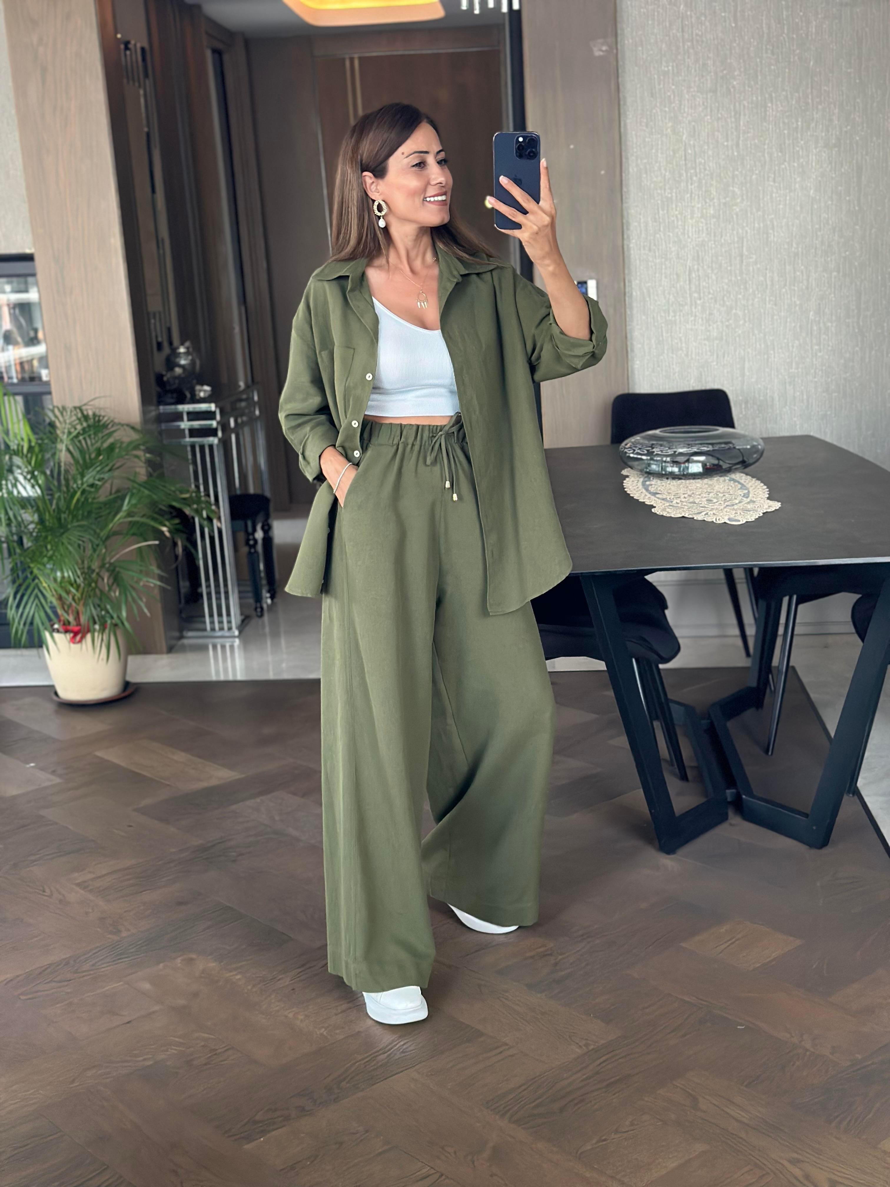Haki Oysh Model Gömlek Palazzo Pantolon Keten Kadın Alt Üst Takım