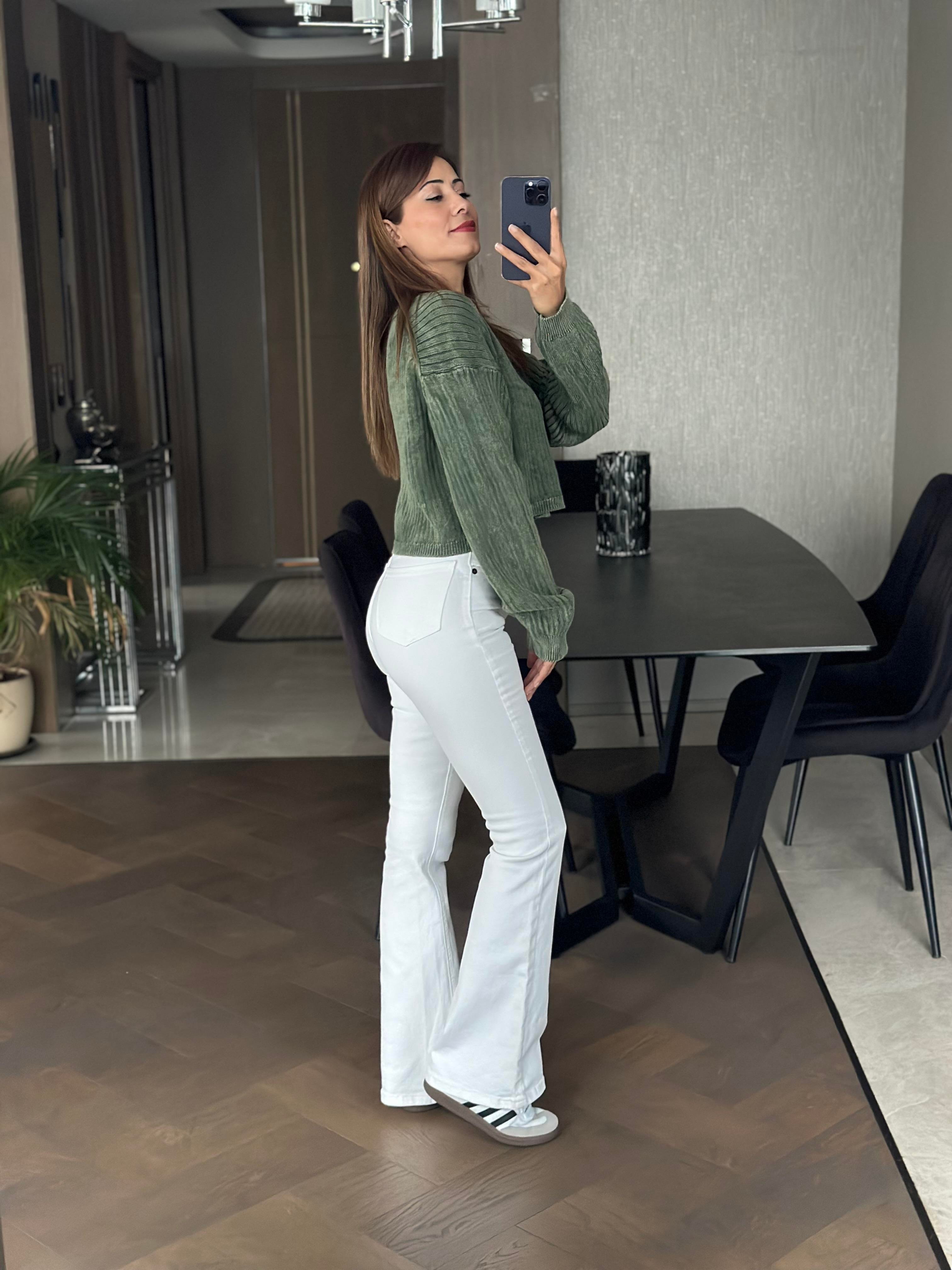 Haki Soluk Efektli Kadın Triko Crop Kazak