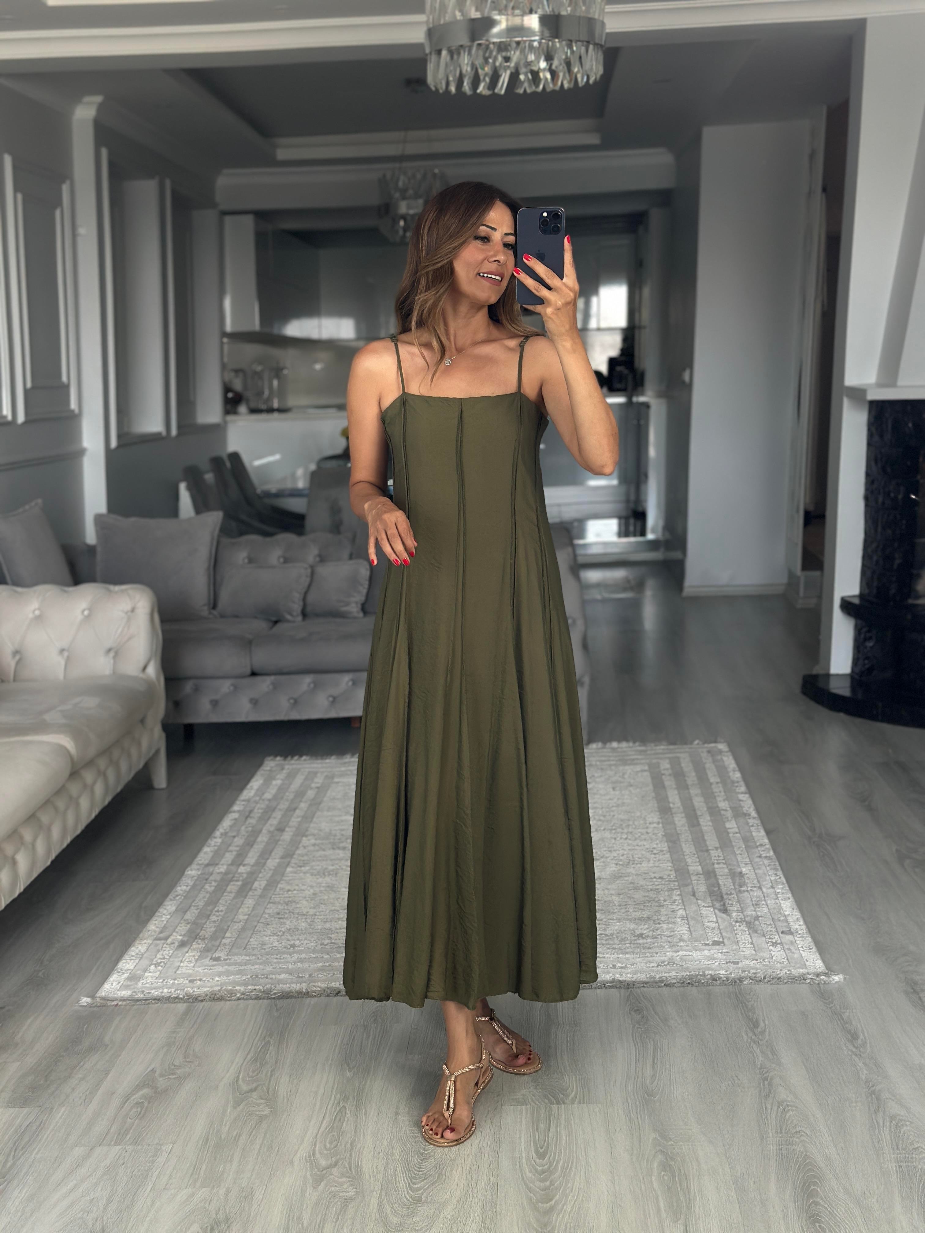 Haki Straplez Yaka İnce Askılı Midi Boy Kadın Elbise