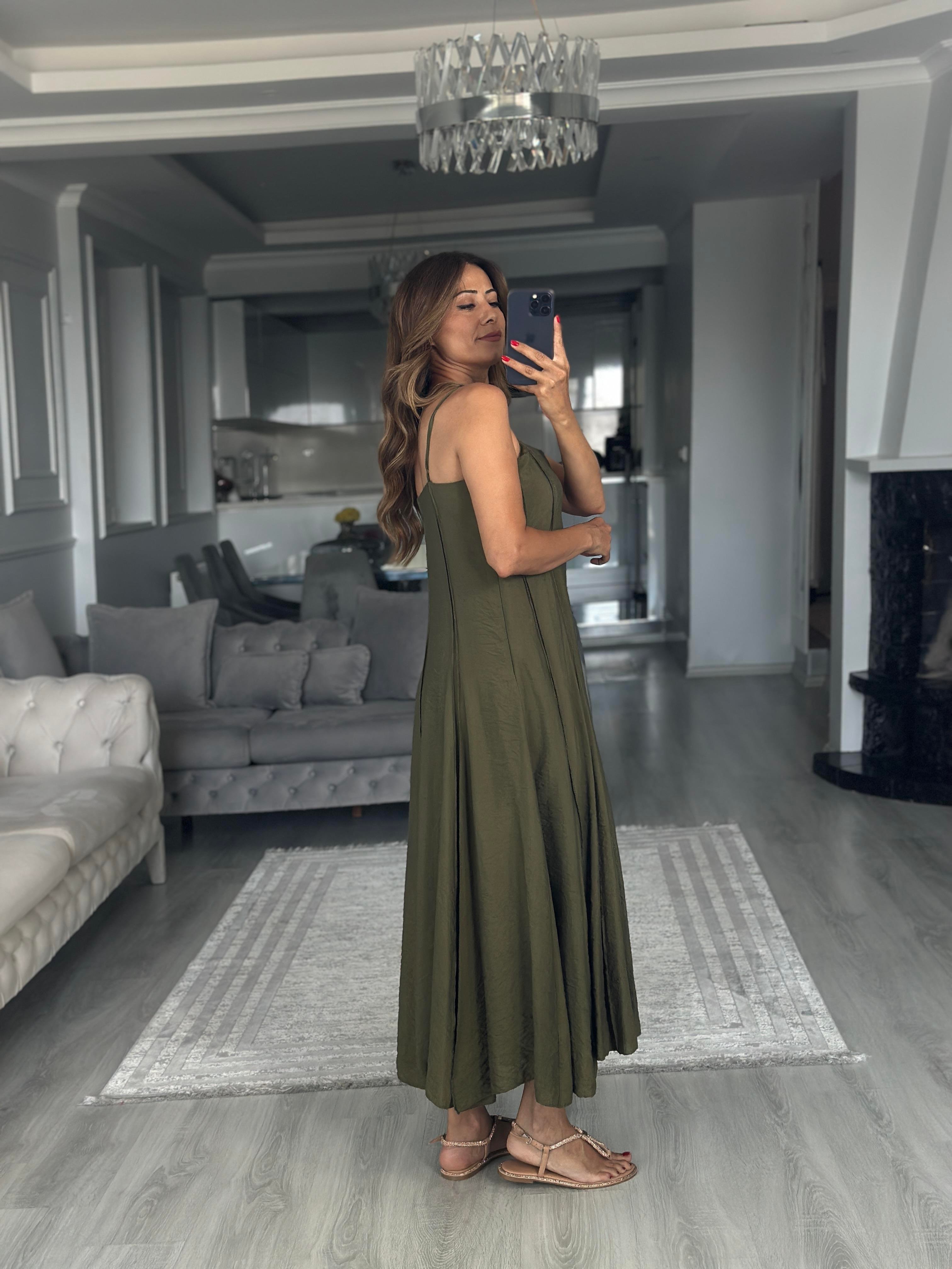 Haki Straplez Yaka İnce Askılı Midi Boy Kadın Elbise