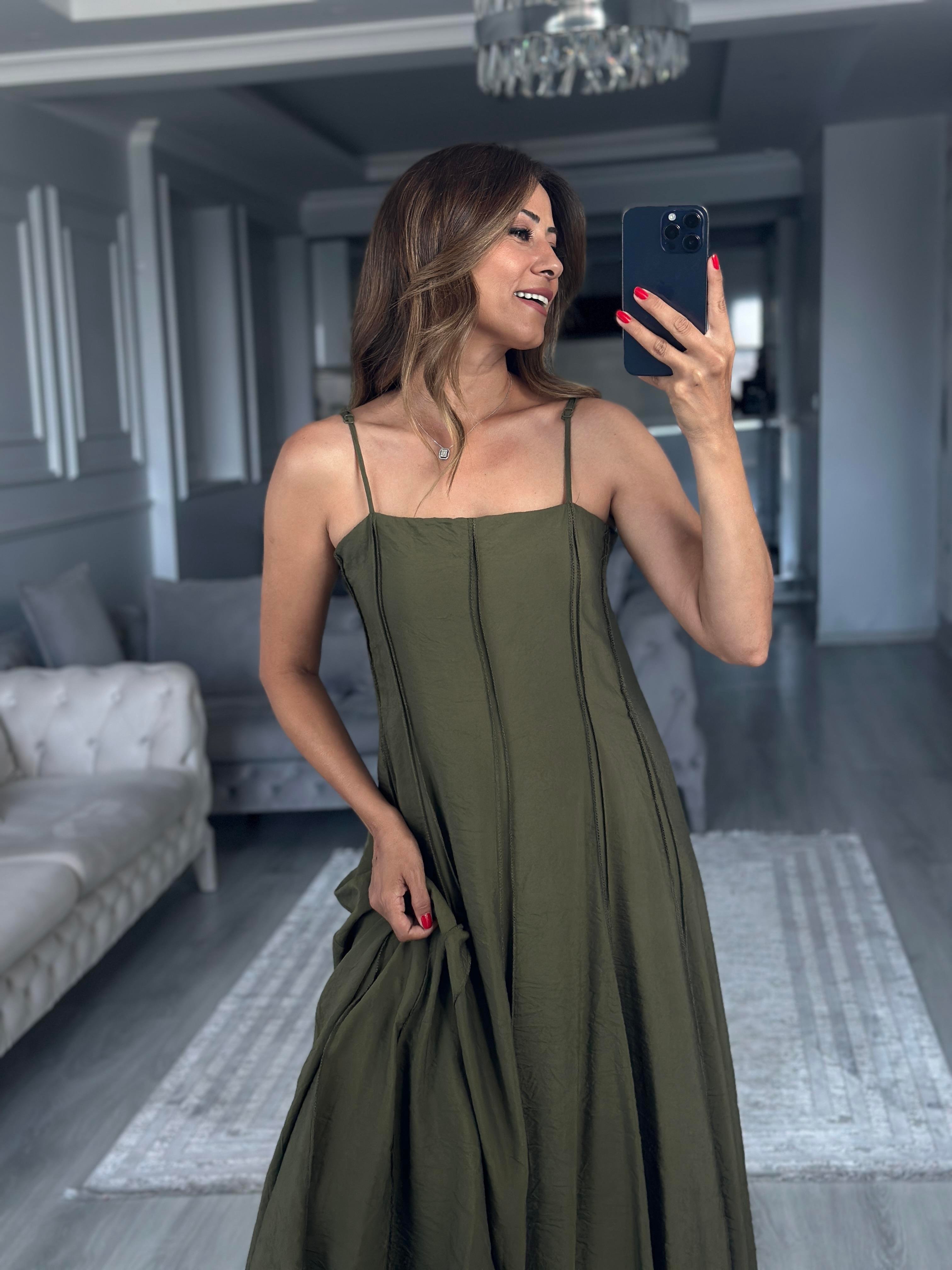 Haki Straplez Yaka İnce Askılı Midi Boy Kadın Elbise