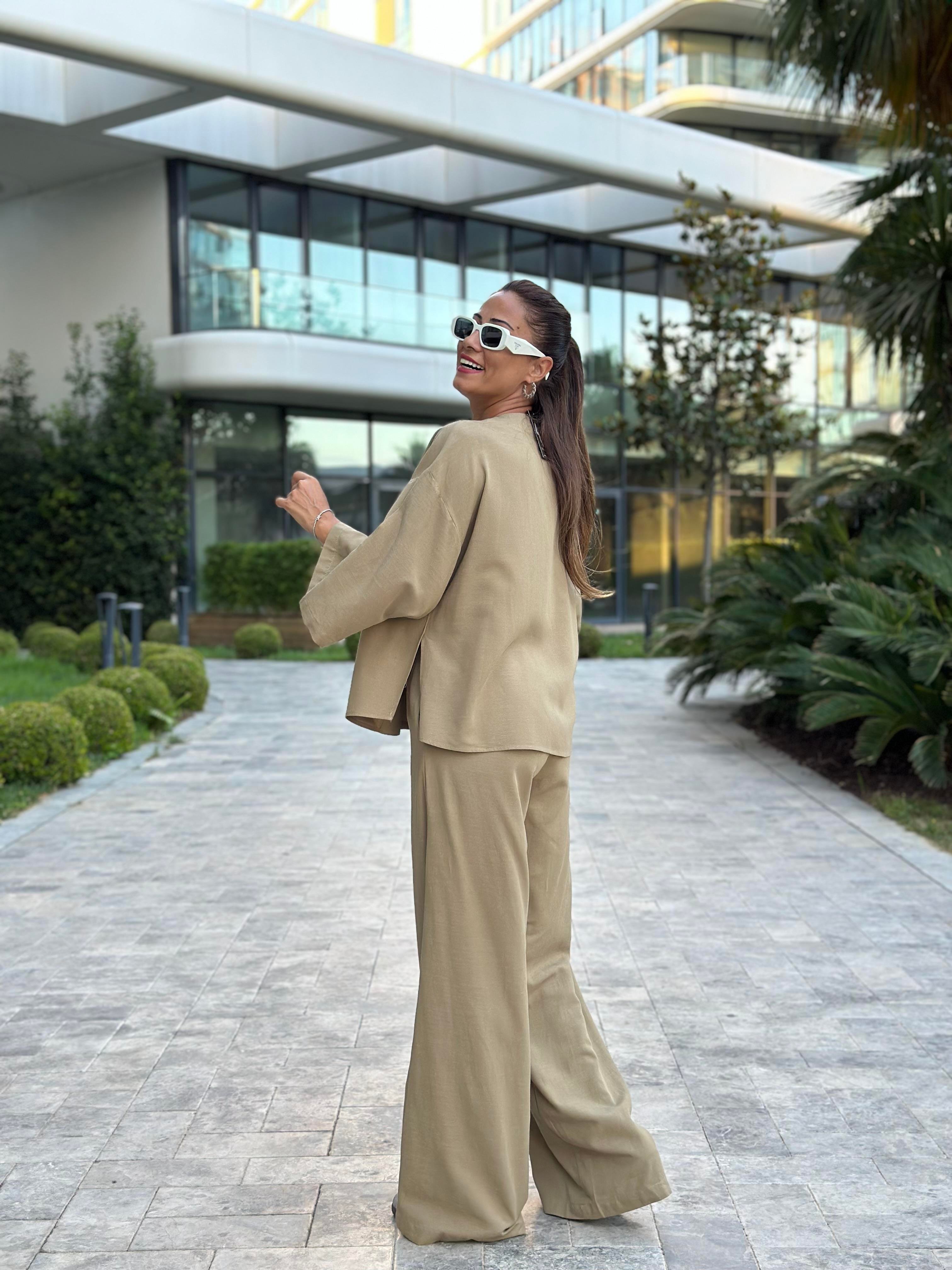 Haki Tek Düğmeli Kimono Pantolon Keten Kadın Alt Üst Takım