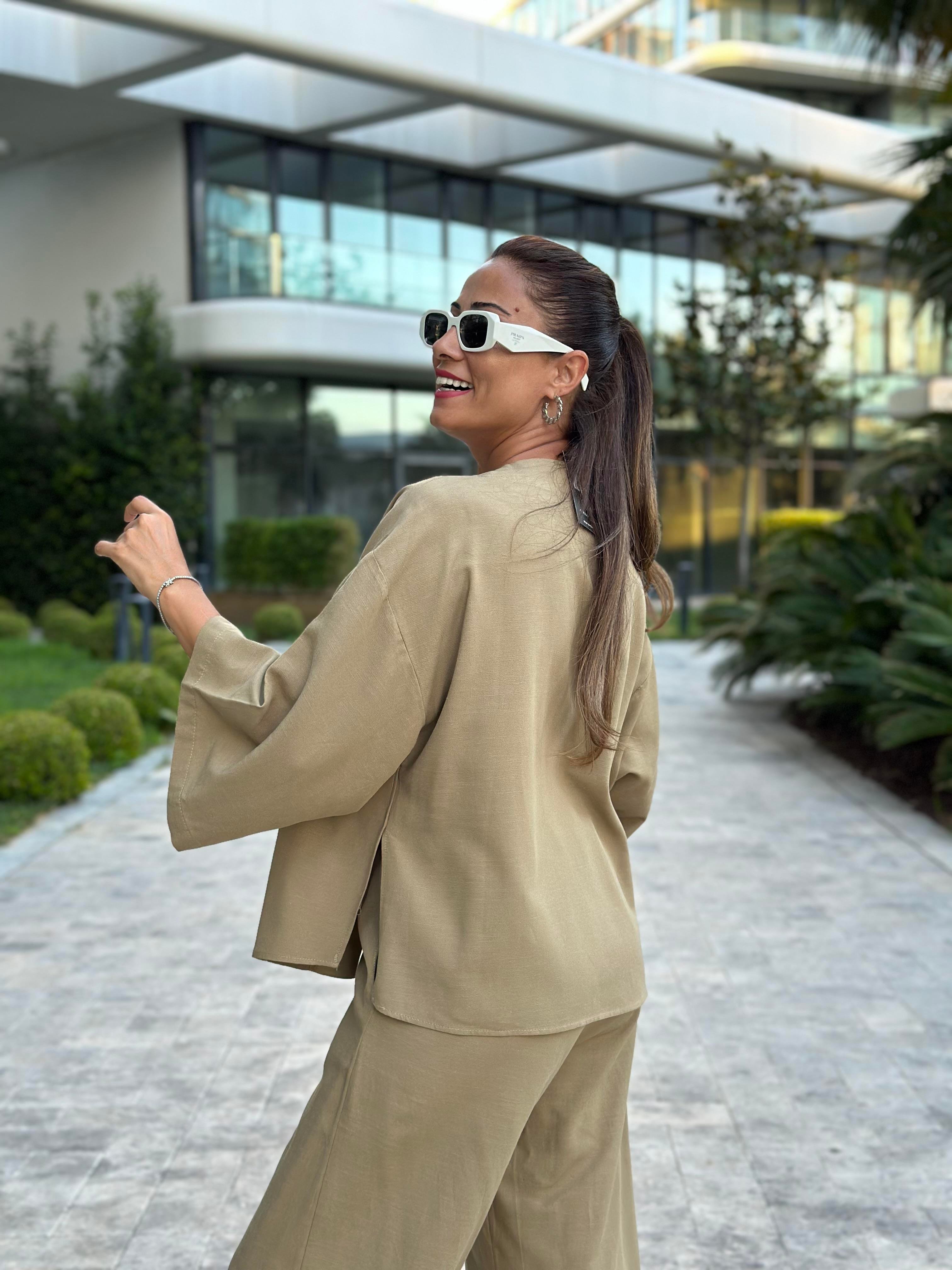 Haki Tek Düğmeli Kimono Pantolon Keten Kadın Alt Üst Takım