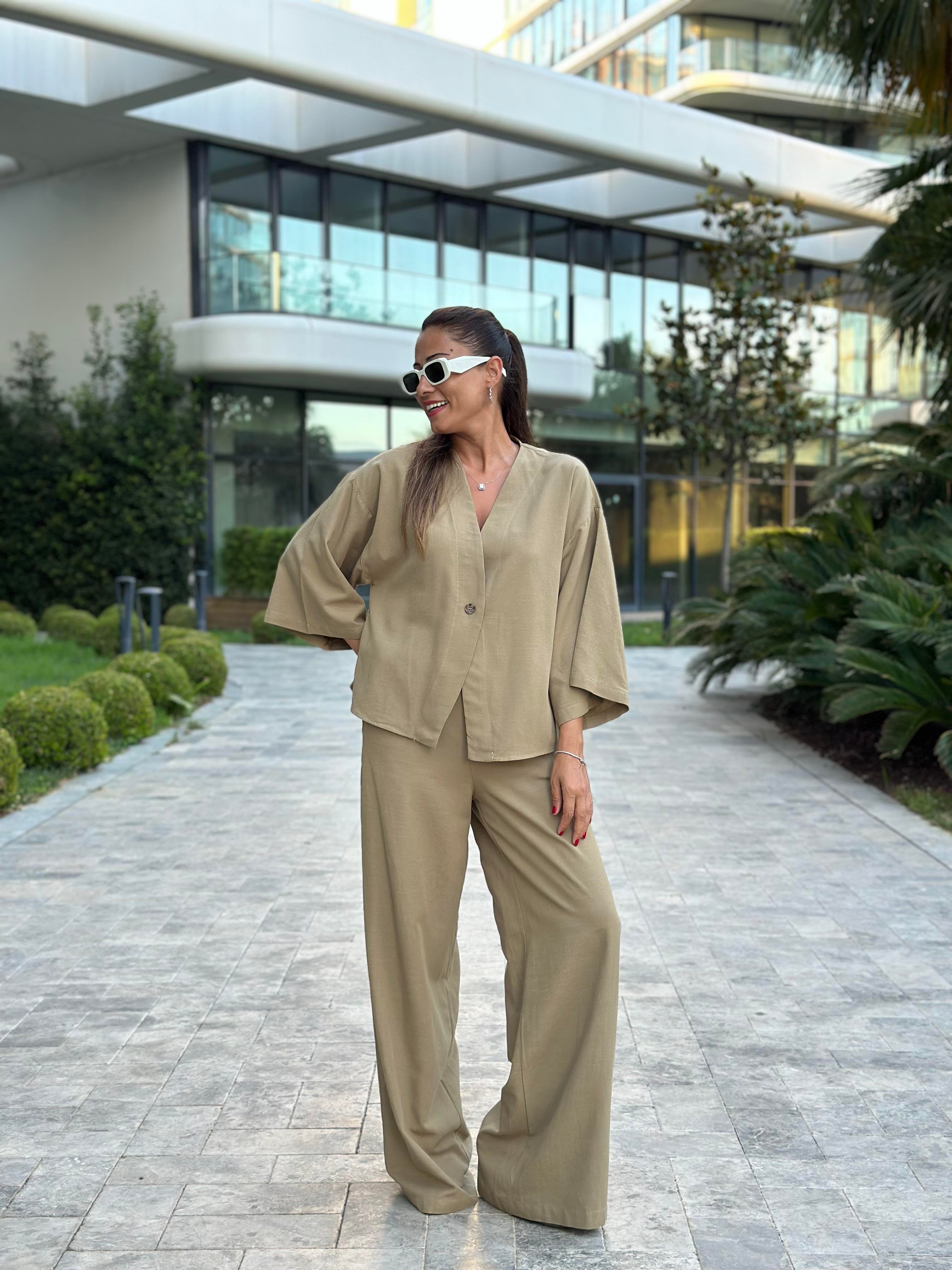 Haki Tek Düğmeli Kimono Pantolon Keten Kadın Alt Üst Takım