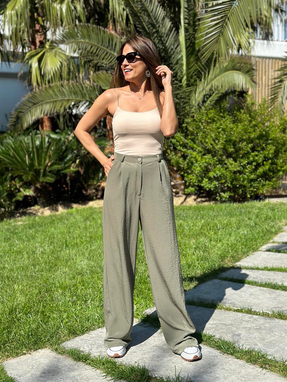 Haki Tensel Cepli Bol Paça Kadın Pantolon