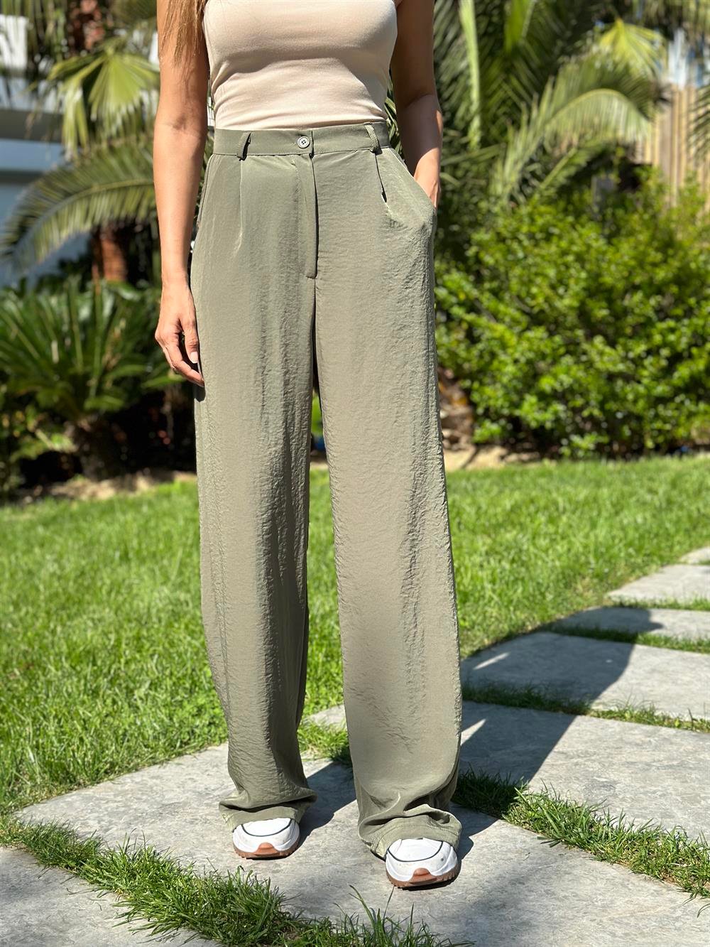 Haki Tensel Cepli Bol Paça Kadın Pantolon