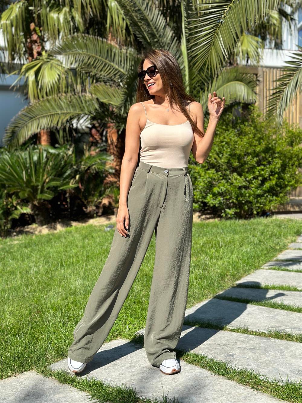 Haki Tensel Cepli Bol Paça Kadın Pantolon