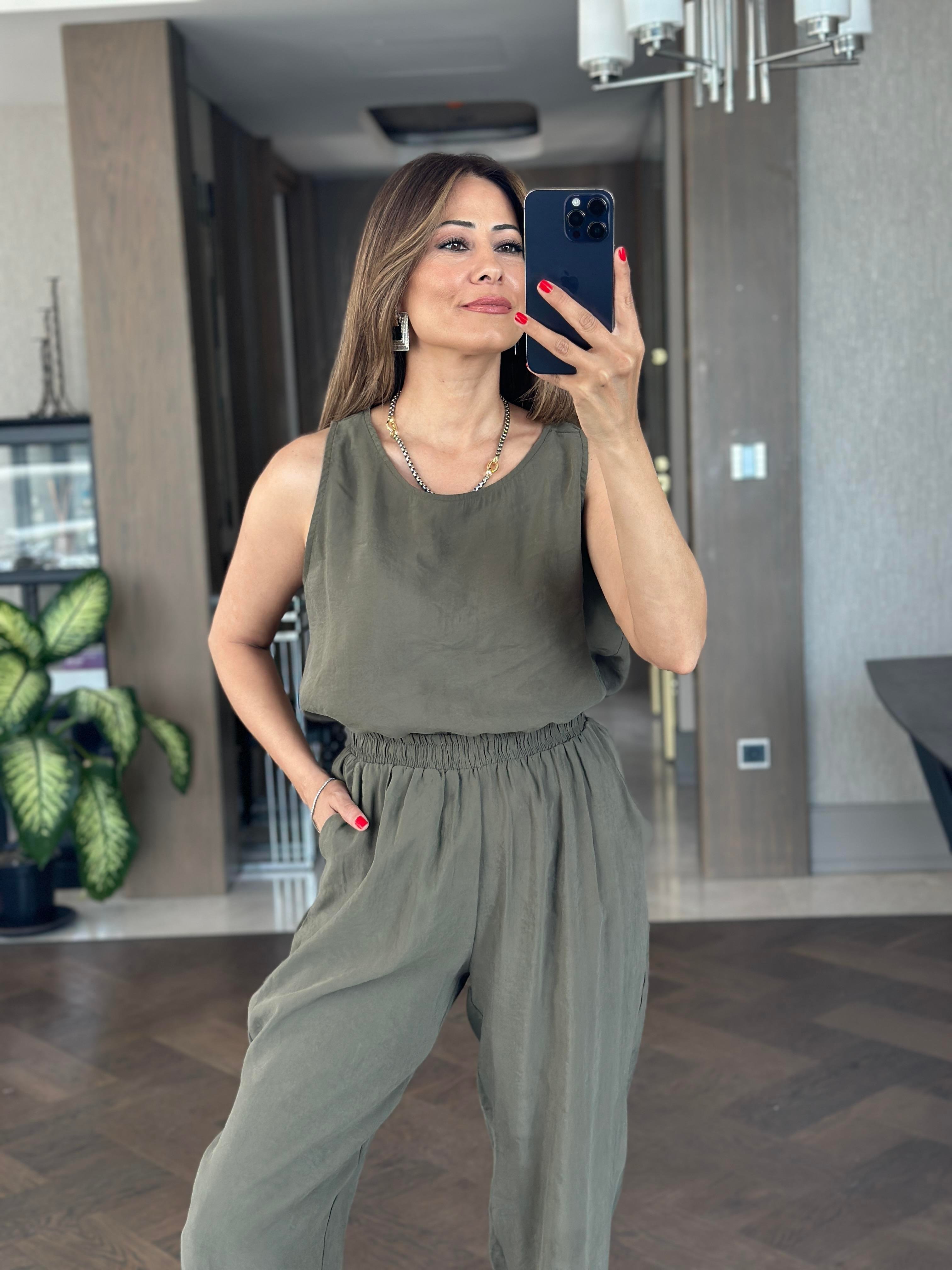 Haki Tnsl Sıfır Kol Bluz Pantolon Alt Üst Takım