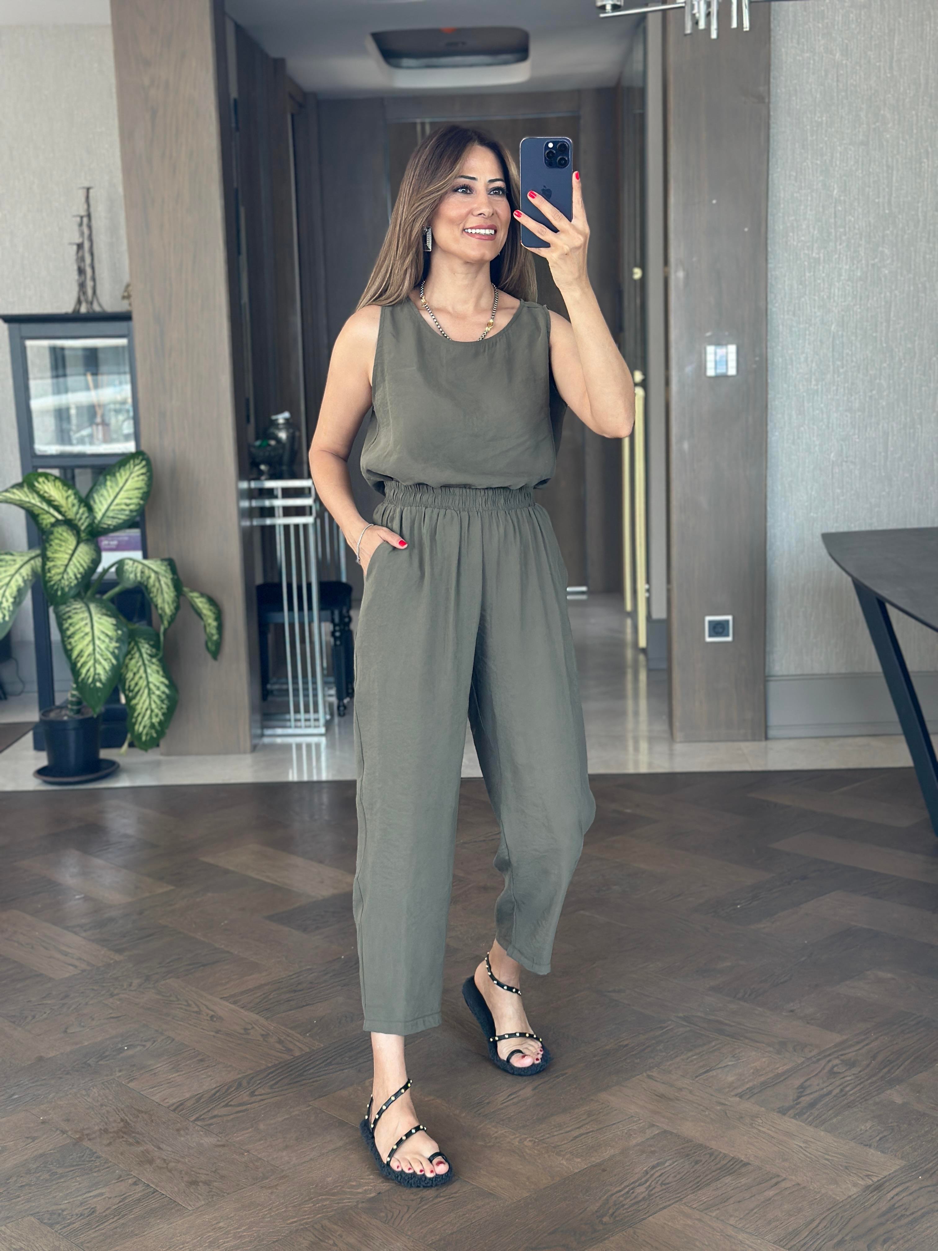 Haki Tnsl Sıfır Kol Bluz Pantolon Alt Üst Takım