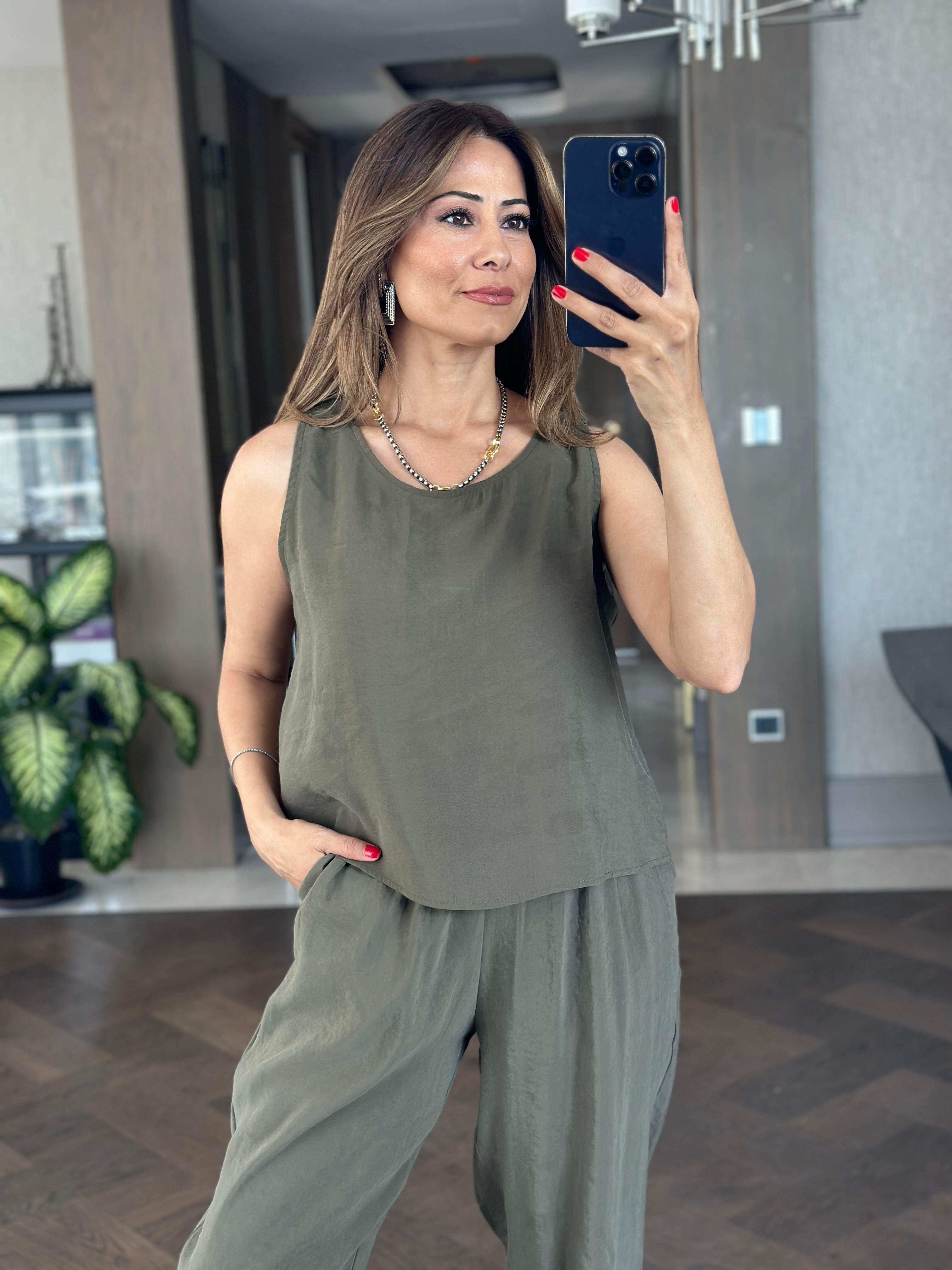 Haki Tnsl Sıfır Kol Bluz Pantolon Alt Üst Takım