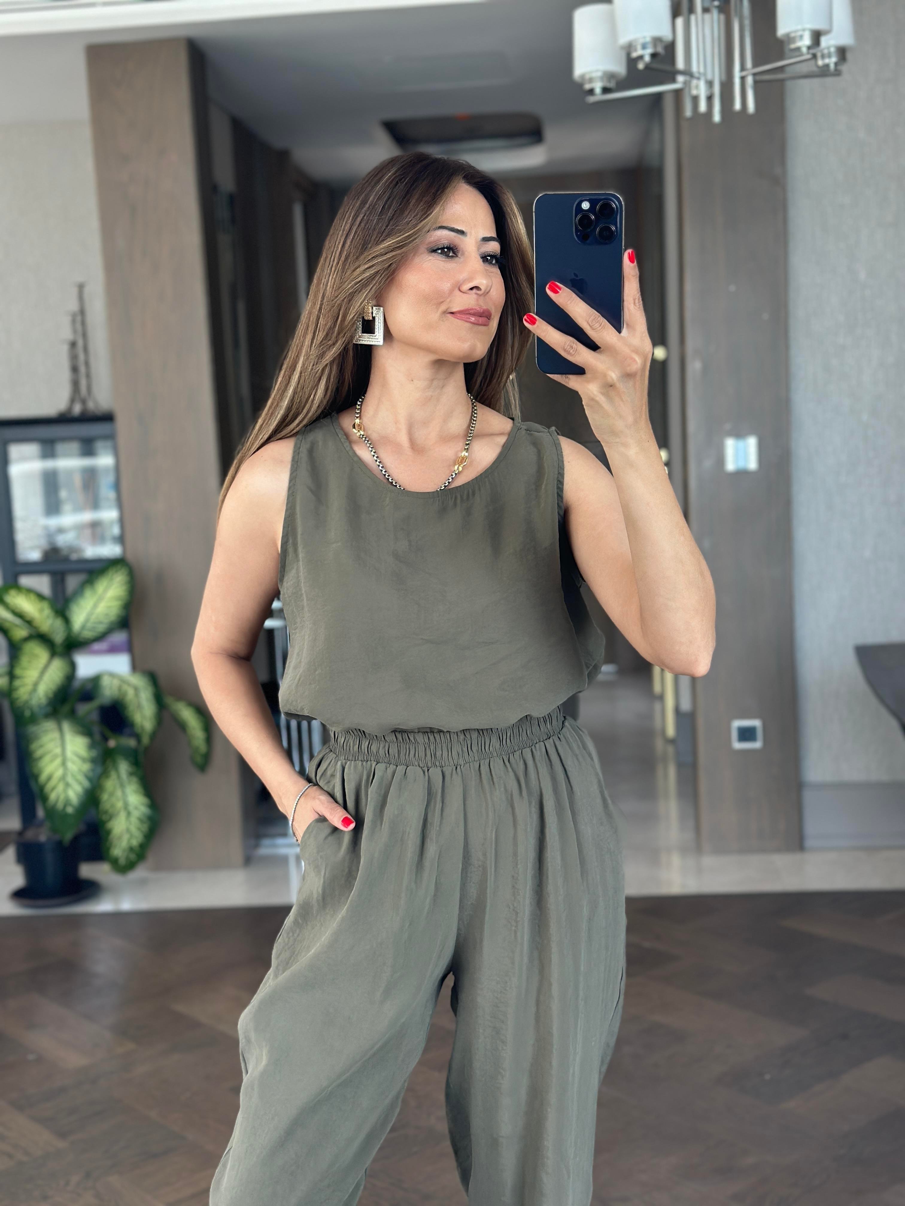 Haki Tnsl Sıfır Kol Bluz Pantolon Alt Üst Takım