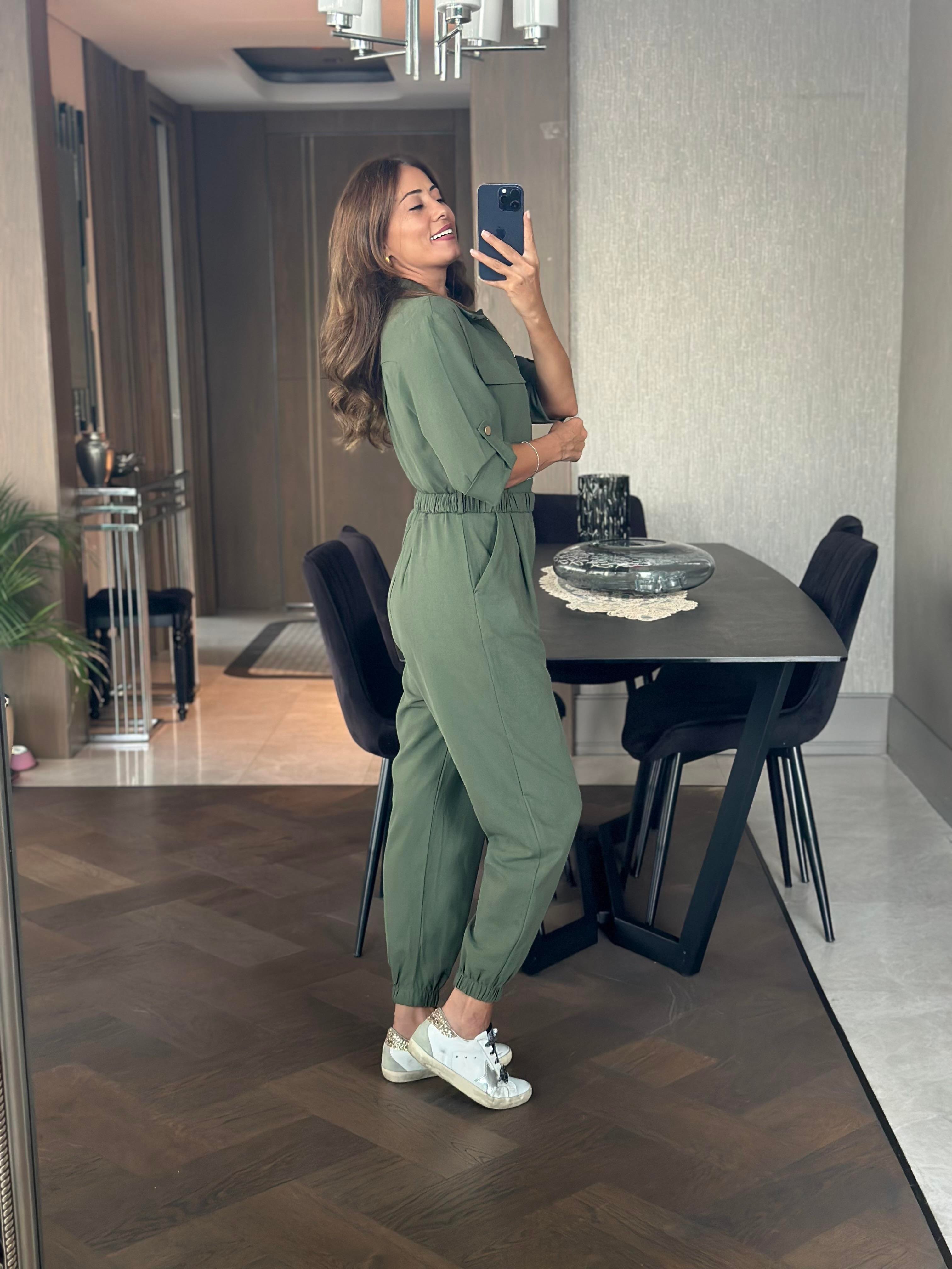 Haki Uzun Kol Fermuarli Paçası Lastikli Gabardin Tulum