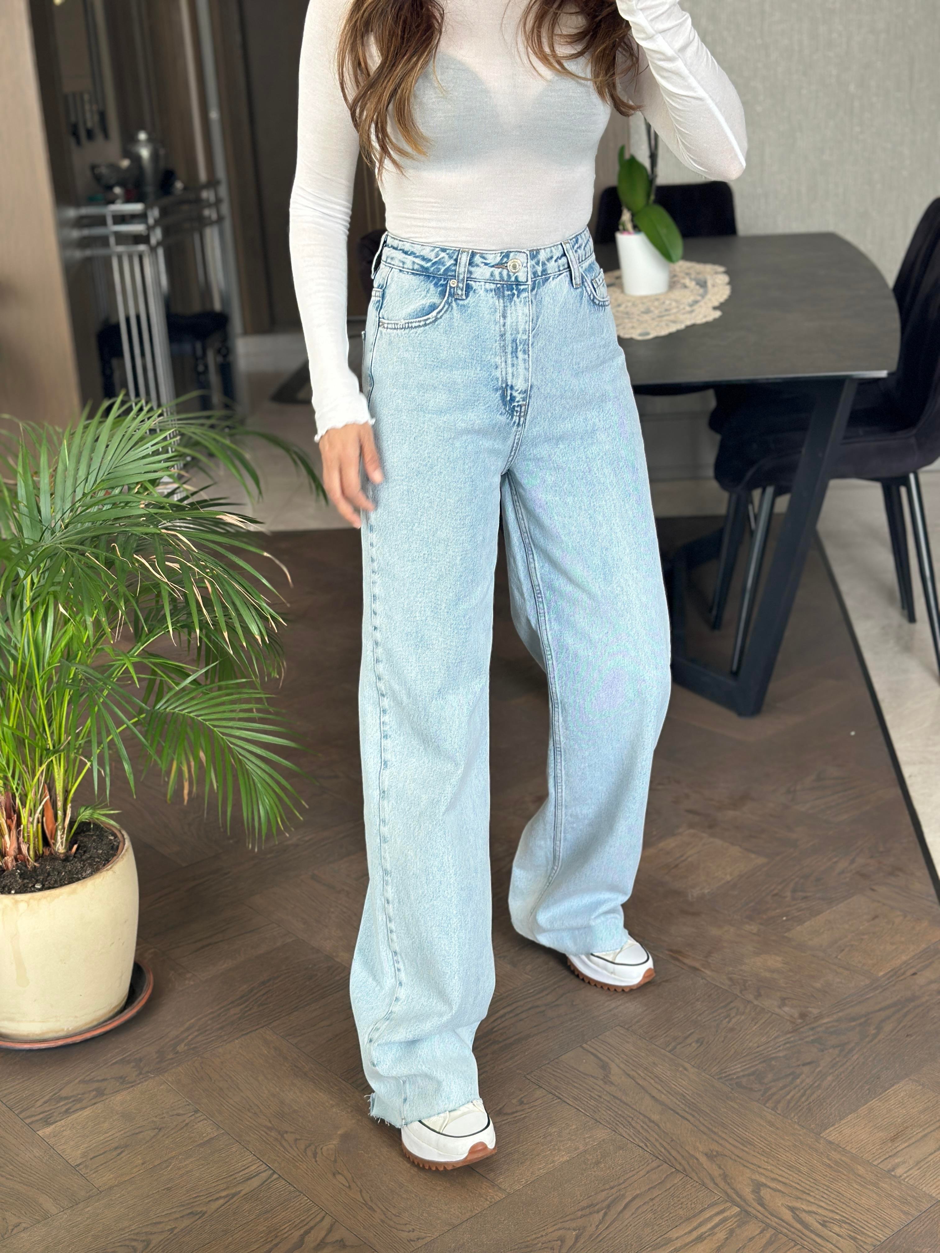 Ice Blue Kesik Paça  Wide Leg Kadın Jean Pantolon