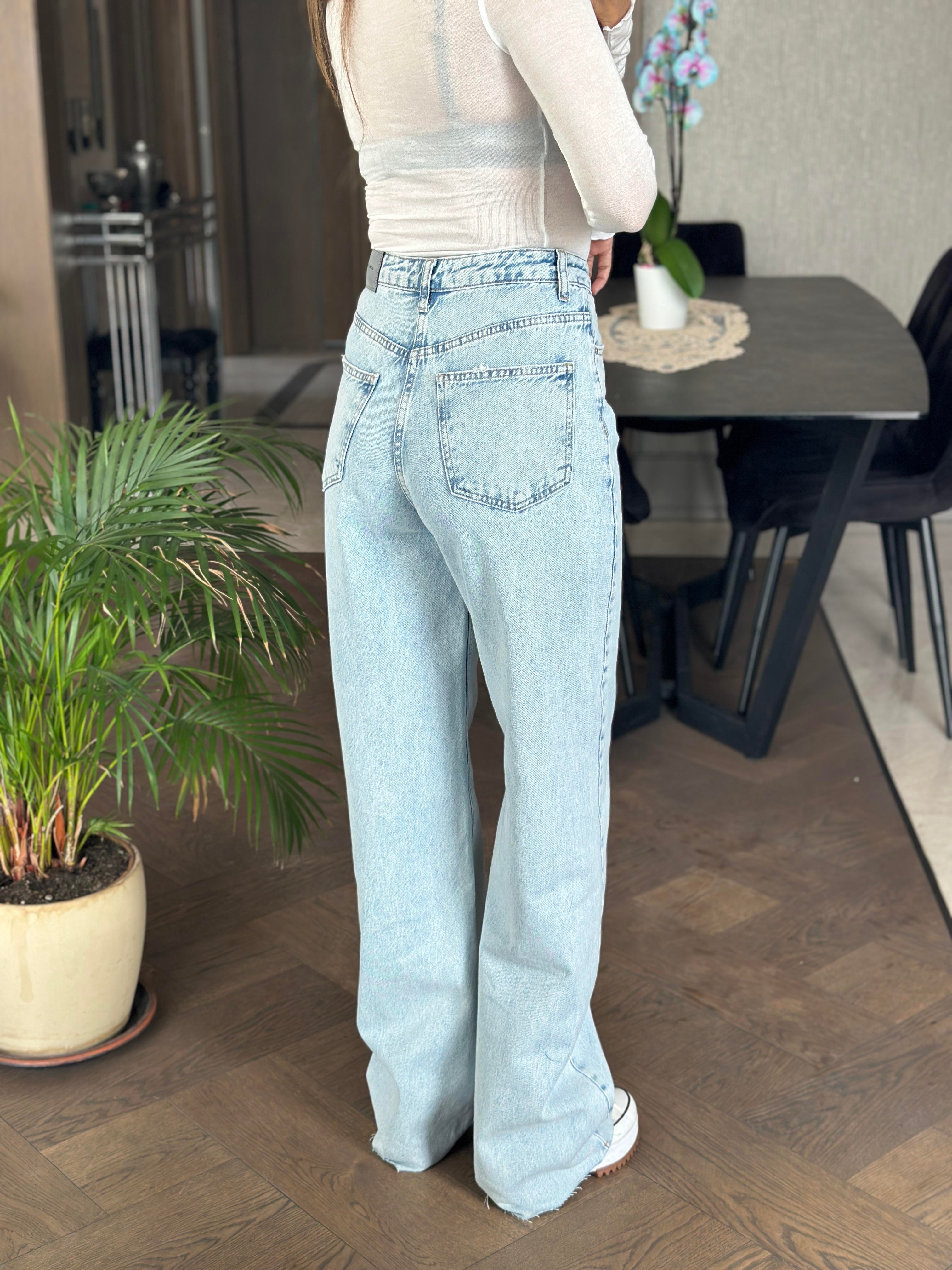 Ice Blue Kesik Paça  Wide Leg Kadın Jean Pantolon